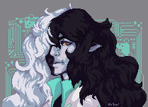 A pixel art drawing of a seemingly human man with a large amount of black and white hair. He is sneering towards the viewer.