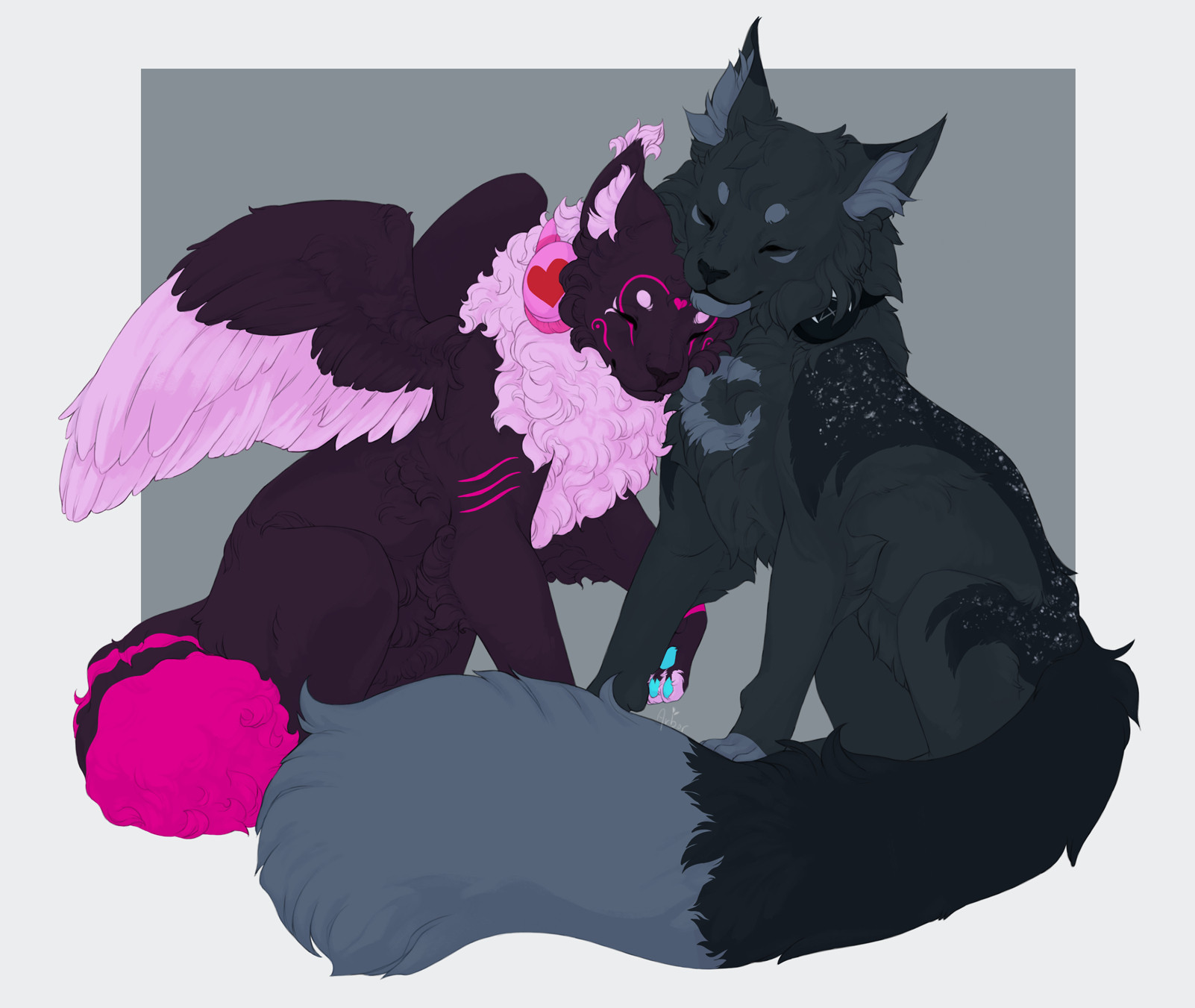 A digital drawing of two cats sitting and nuzzled up to each other. A dark purple cat with neon and pastel pink accents, and bird wings, has her head tucked under the chin of another cat with a variety of grey markings.