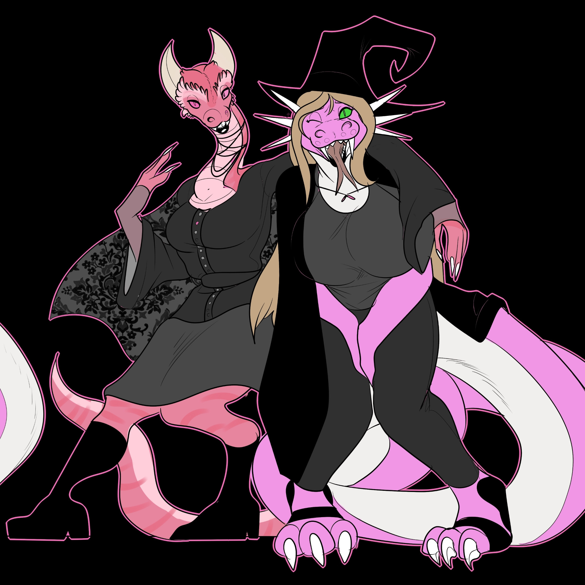 Two pink snake anthros in witch outfits. 