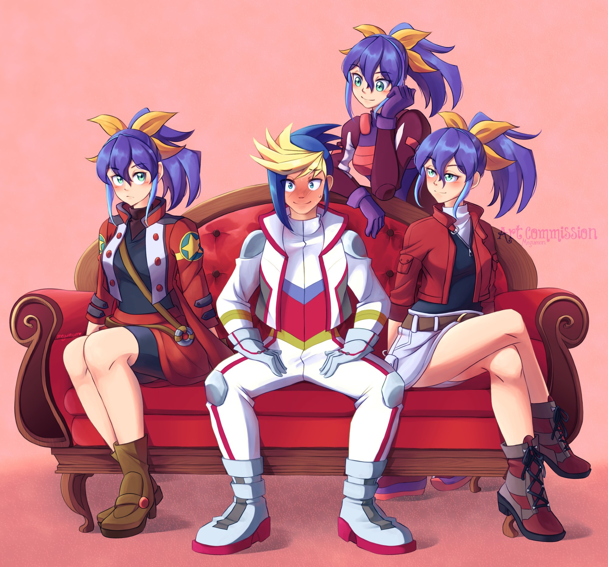 yu-gi-oh fan art, serena, celina, yugo, shipping art, digital art, three girls with a boy in the middle, red sofa