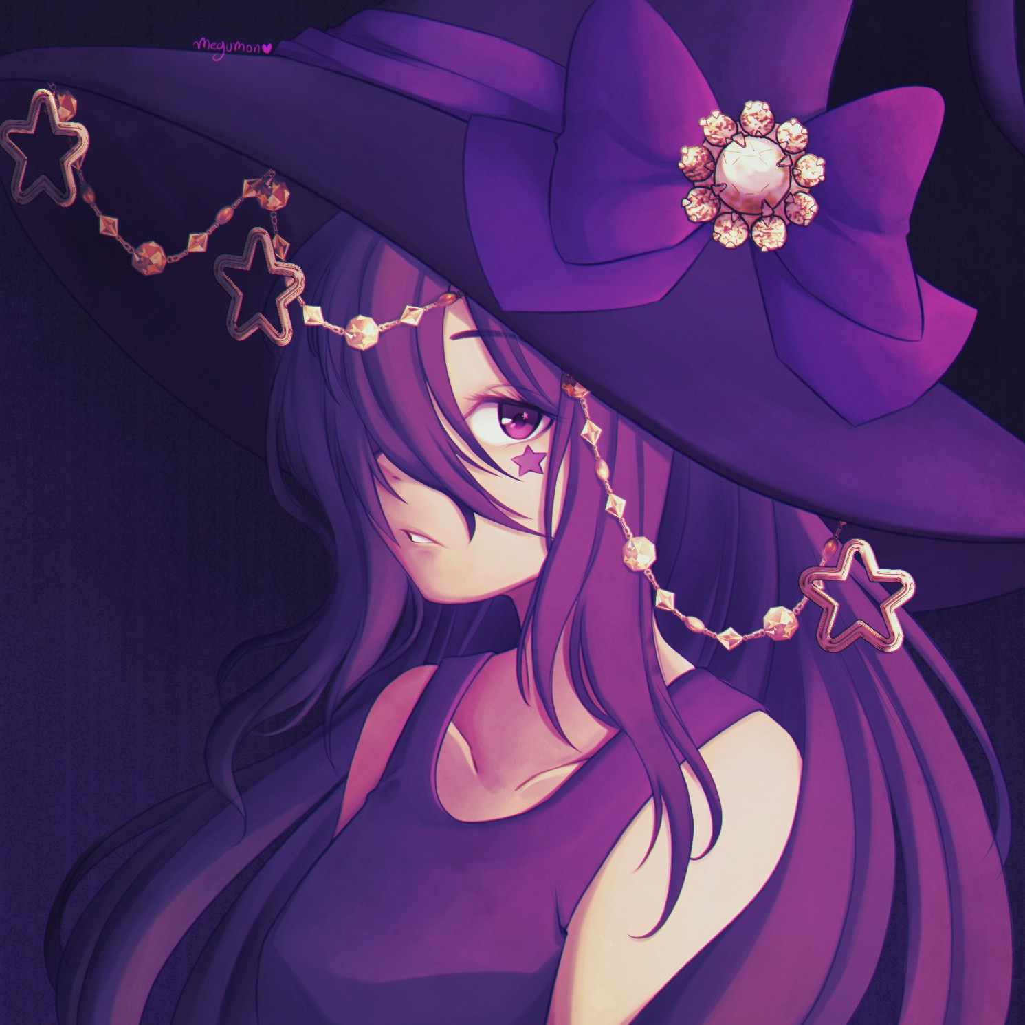 girl with witch hat, halloween theme, original character, purple color palette