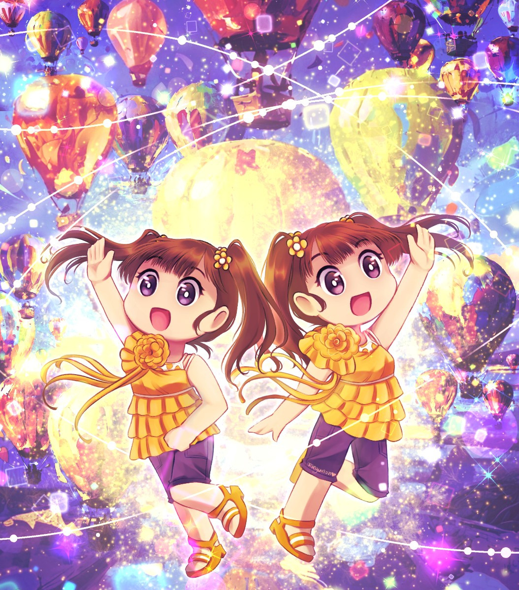 art, digital art, illustration, music, japanese music, japanese idol, w double you, hello project, nozomi tsuji, ai kago, aa ii na, song, single, chibi, two girls, hot-air balloons