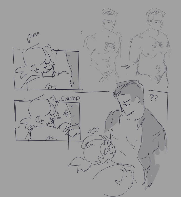 a very loose comic of w corp meursault & chef gregor from limbus company. a sexual scenario is overall implied though not occuring in this image.

the top right has two drawings of meursault's body. the left drawing is of him being only muscle, and an arrow points to the second drawing of him with a softer and less defined body, implying he's gained fat. 

the actual comic begins on the left. there are three panels.
panel 1: a chibi greg has his body between meur's legs and his face at the level of meur's stomach. meursault's shirt is open. gregor is smiling mischeviously.

panel 2: greg bites on meur's stomach fat. meursault's arm raises in reaction. the word "chomp" is above the image.

panel 3: the camera is now above the men and we can see meur's face. meur is looking down at greg confused while greg looks up at him with an innocent smile.