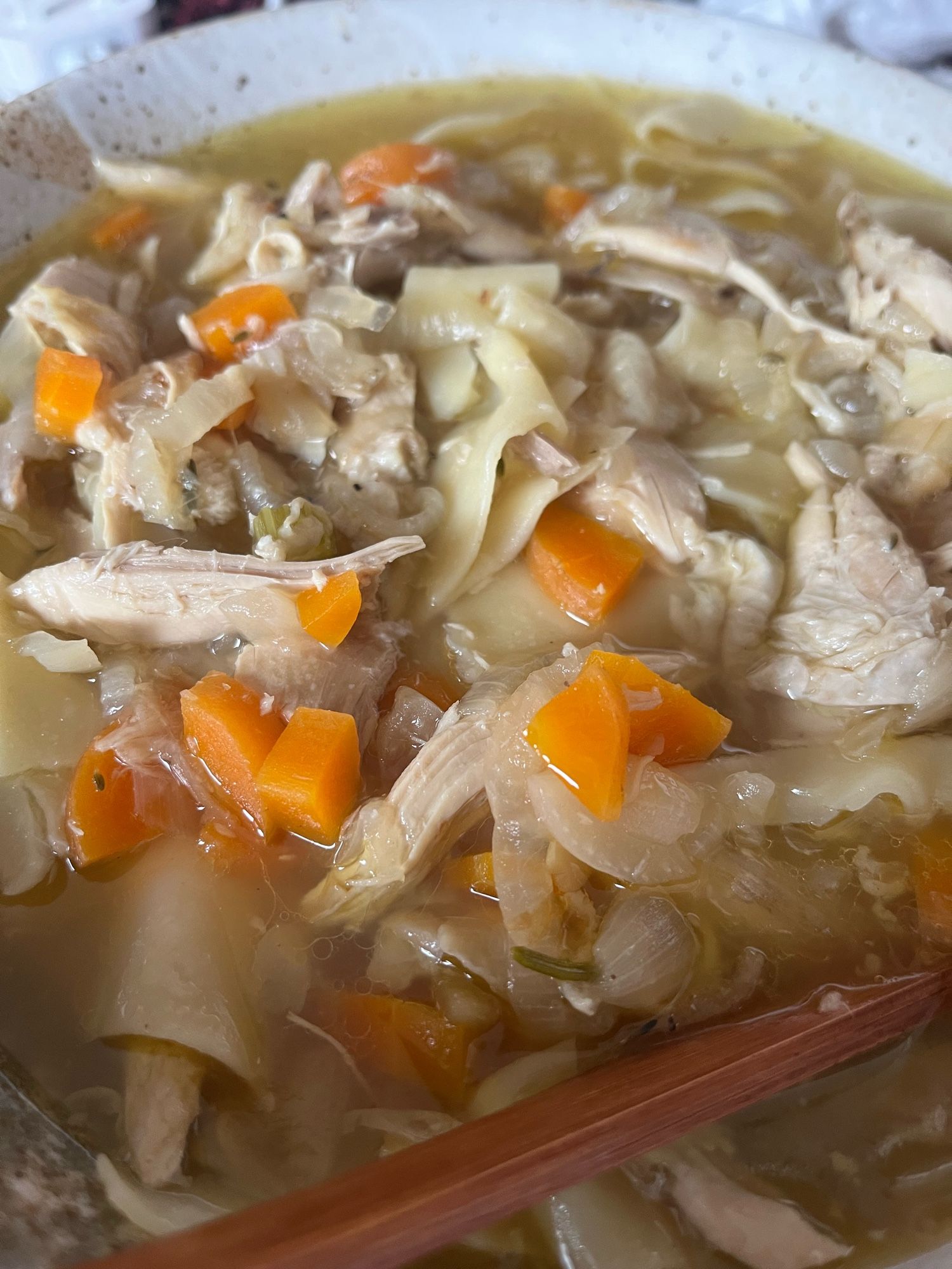 A close up of a chicken and noodle broth in a ramen bowl: wide papadelle pasta noodles interspersed with chunks of roasted chicken, carrots, and onions, a warm lemony broth covering it all