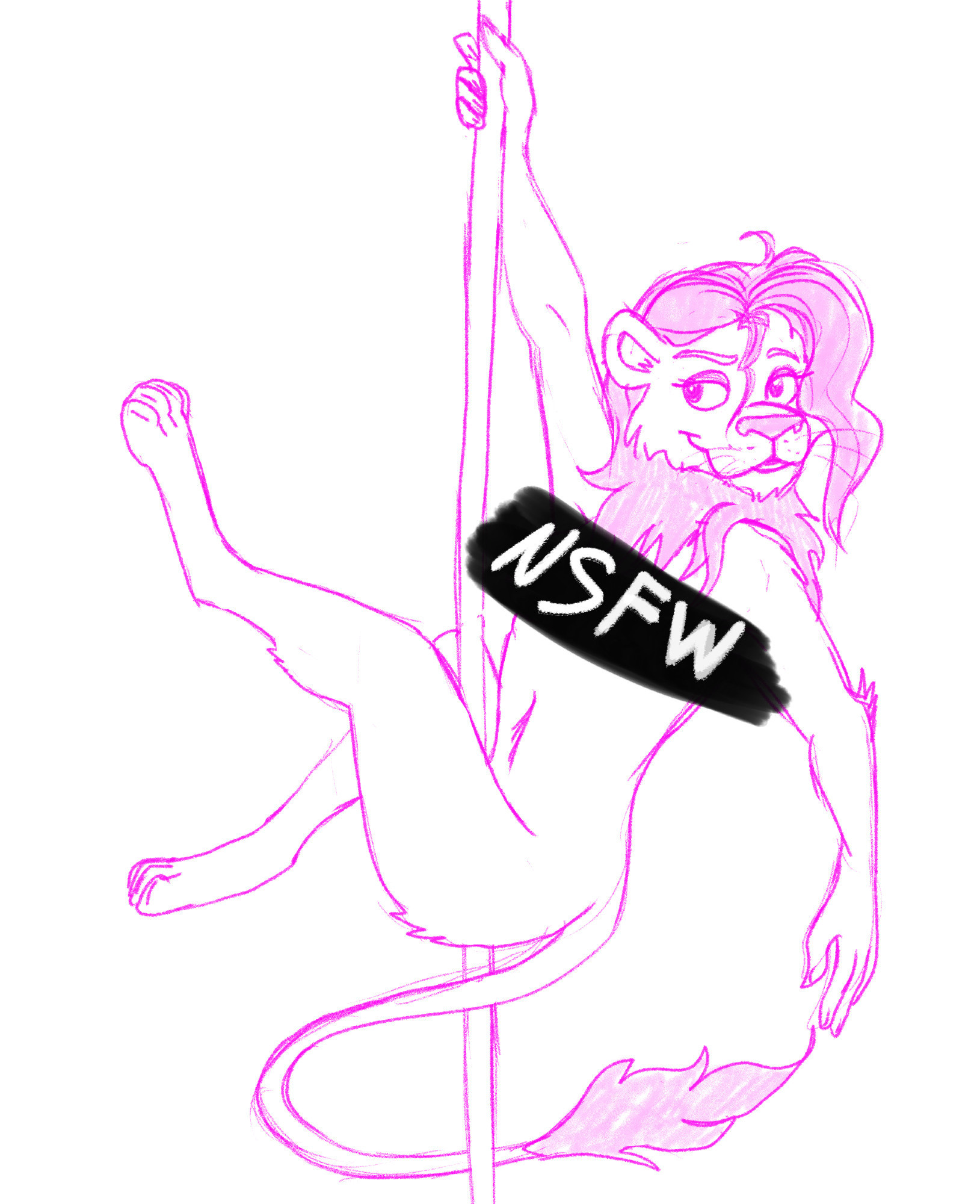 A digital sketch of a pole dancing lion with her breasts covered with a censor bar.