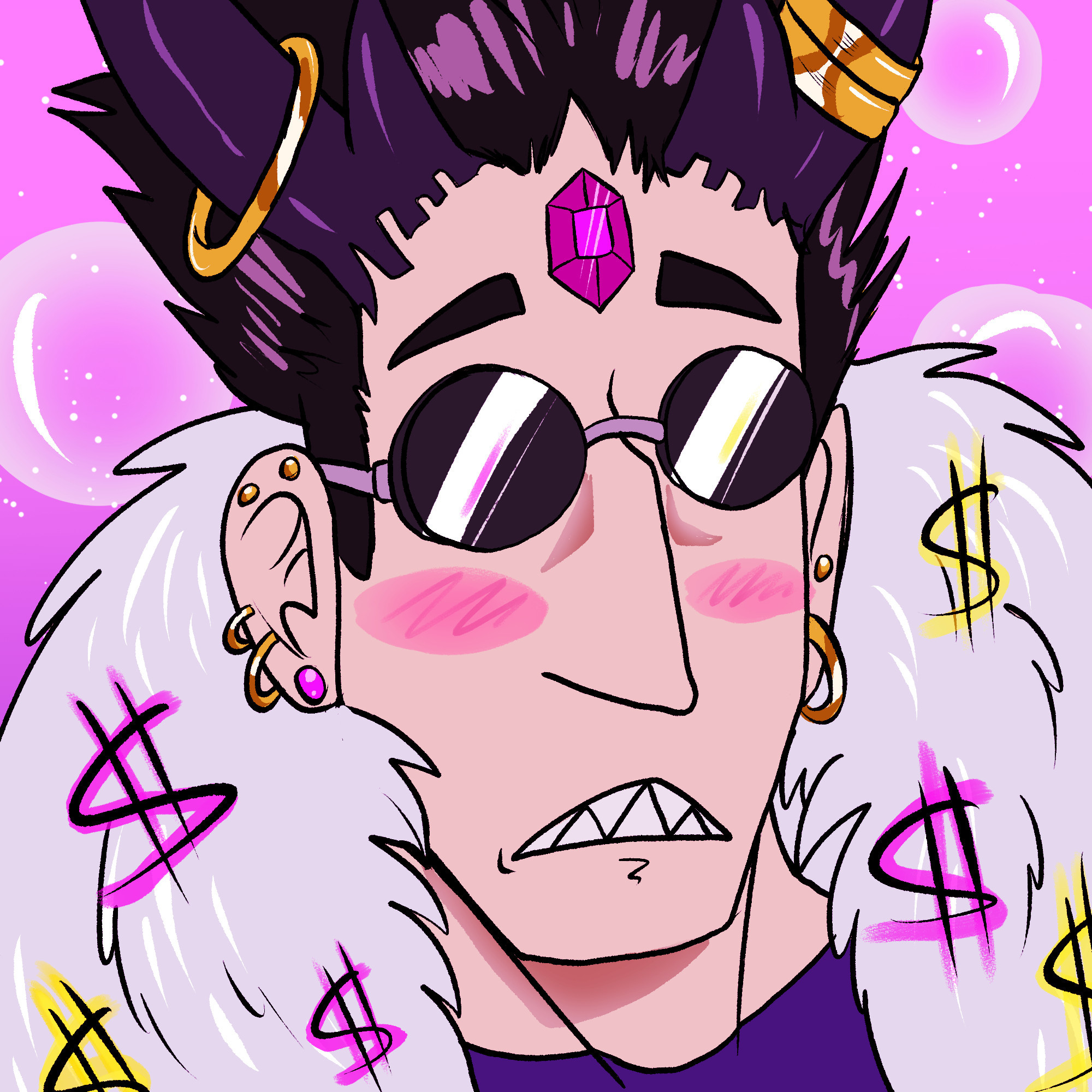 A digitally drawn headshot of Greed from Fullmetal Alchemist. He has horns and a gem in the center of his forehead. He wears a big furry ruff with dollar signs on it. His expression is flustered.