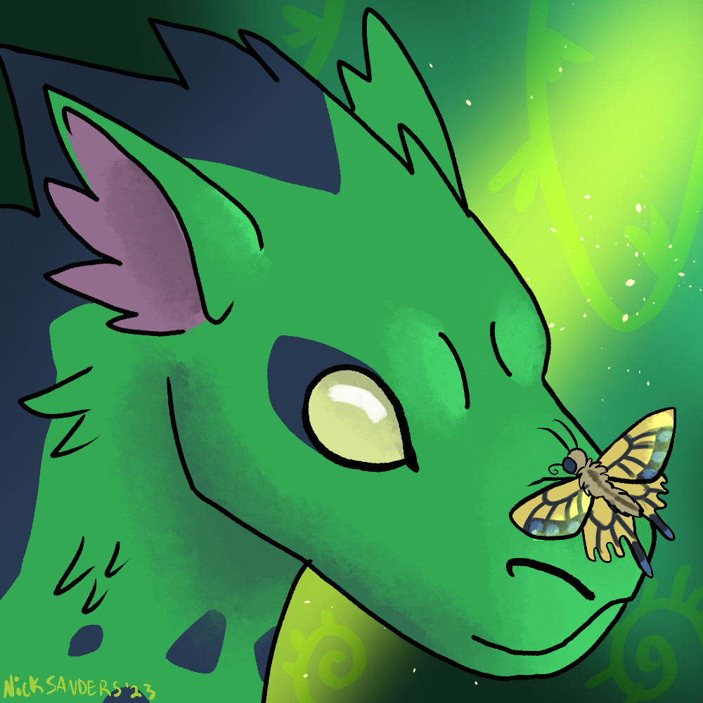 A green cat-like creature with a butterfly on her nose.