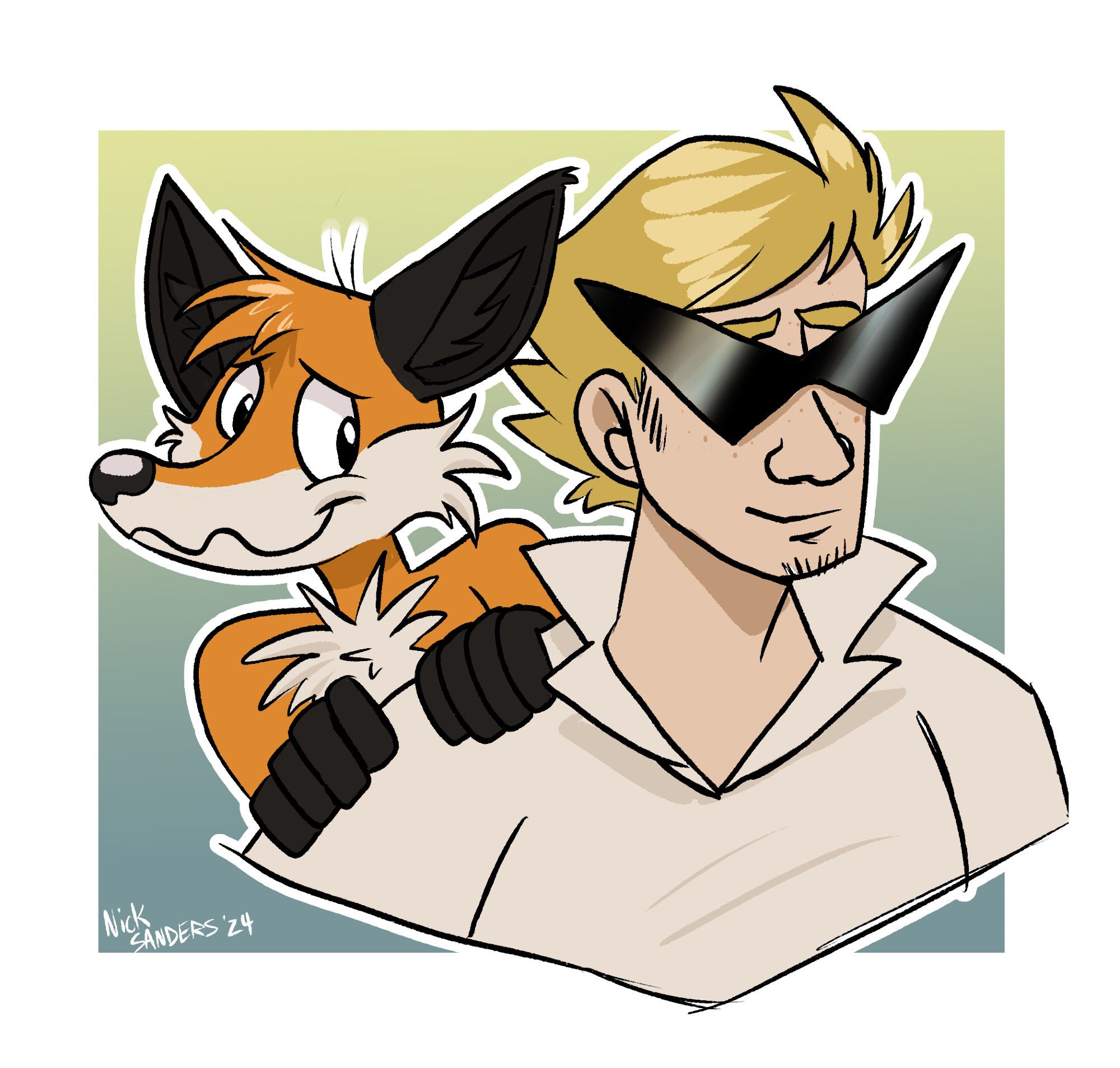 A digitally colored illustration of two characters from the shoulders up. A bashful anthro fox peers over the shoulder of Bro Strider's from Homestuck.