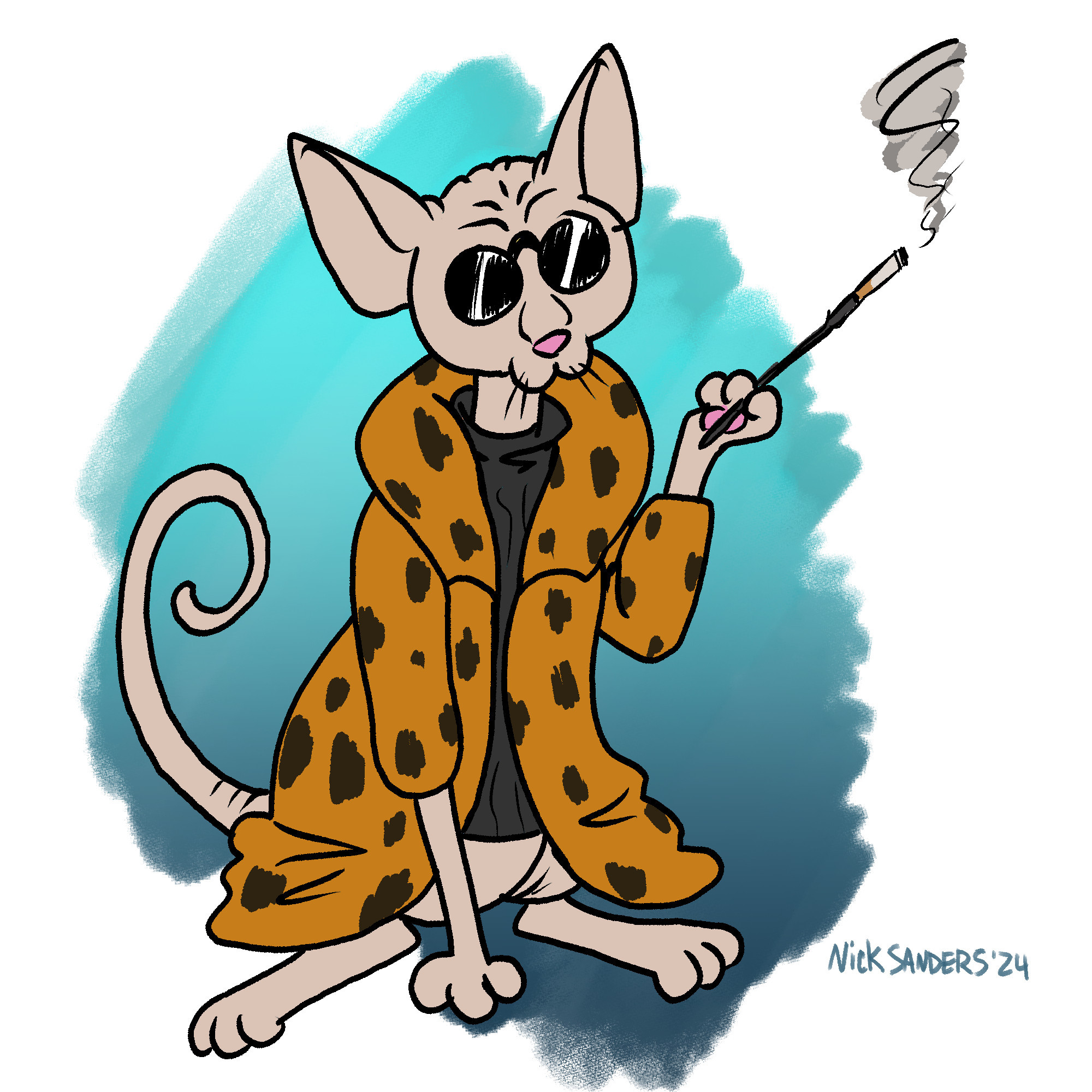 A cartoony digital drawing of one of those naked sphinx cats wearing a fluffy leopard spotted coat and little sun glasses and she is holding one of those extended cigarette holders.