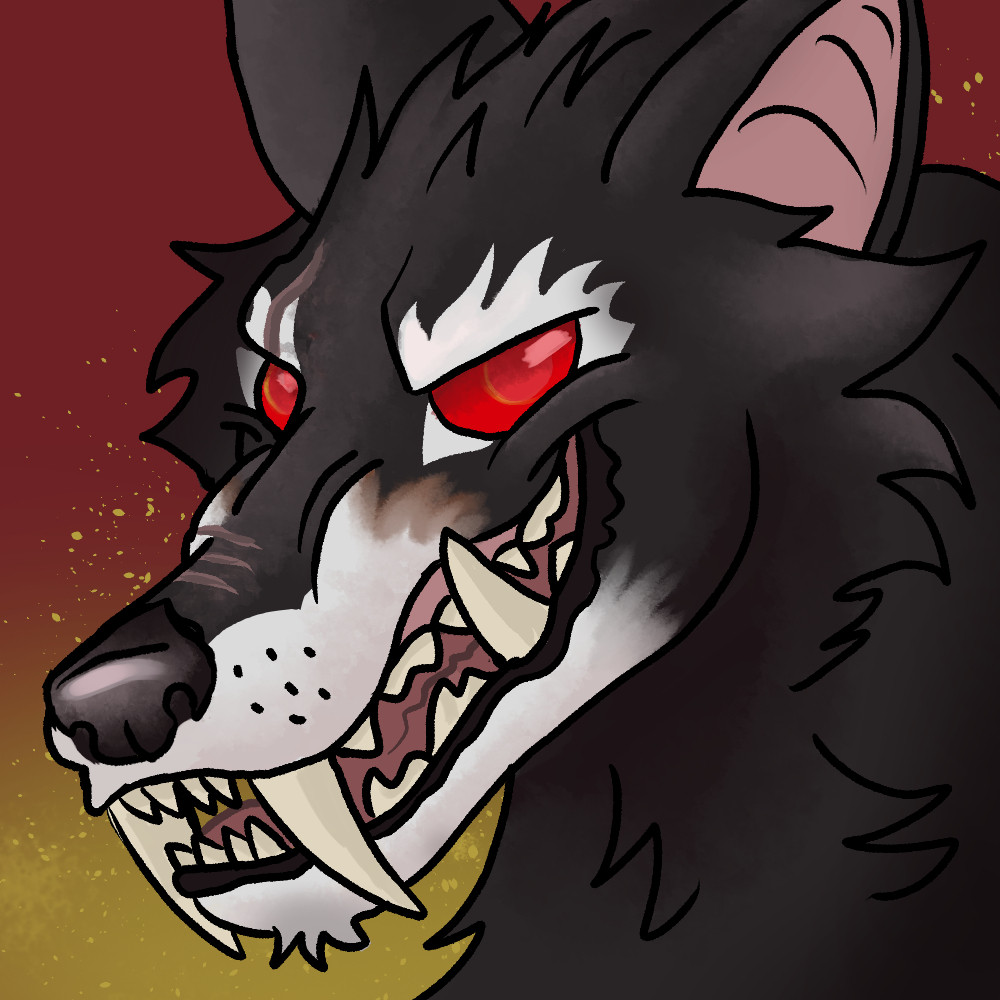 A snarling black and white wolf with red eyes.