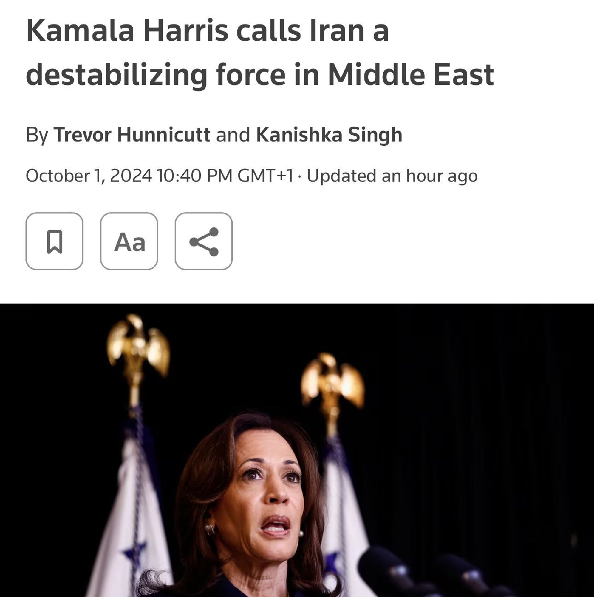 Captura de un titular "Kamala Harris calls Iran a destabilizing force in Middle East"