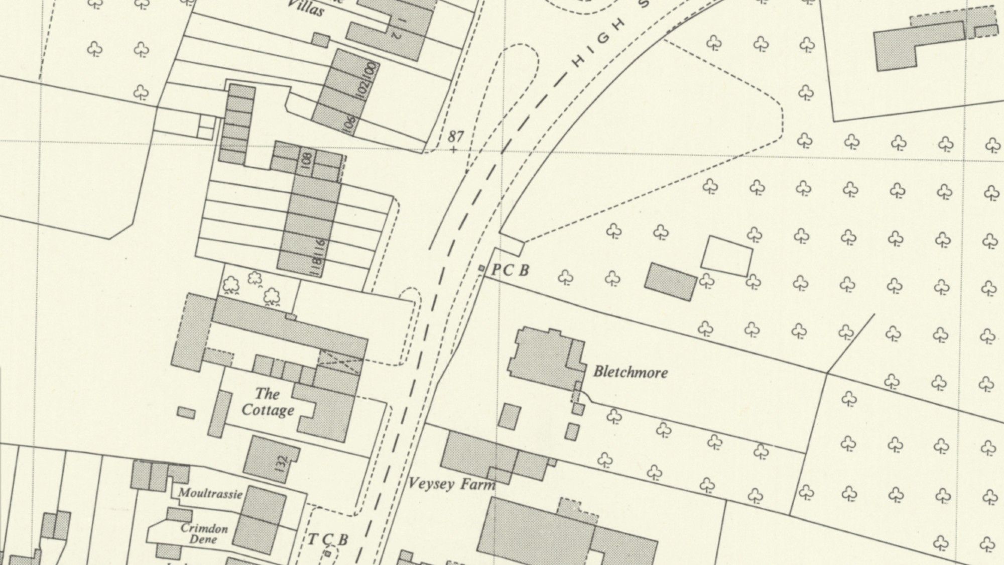 OS map showing the location of the police box marked PCB.