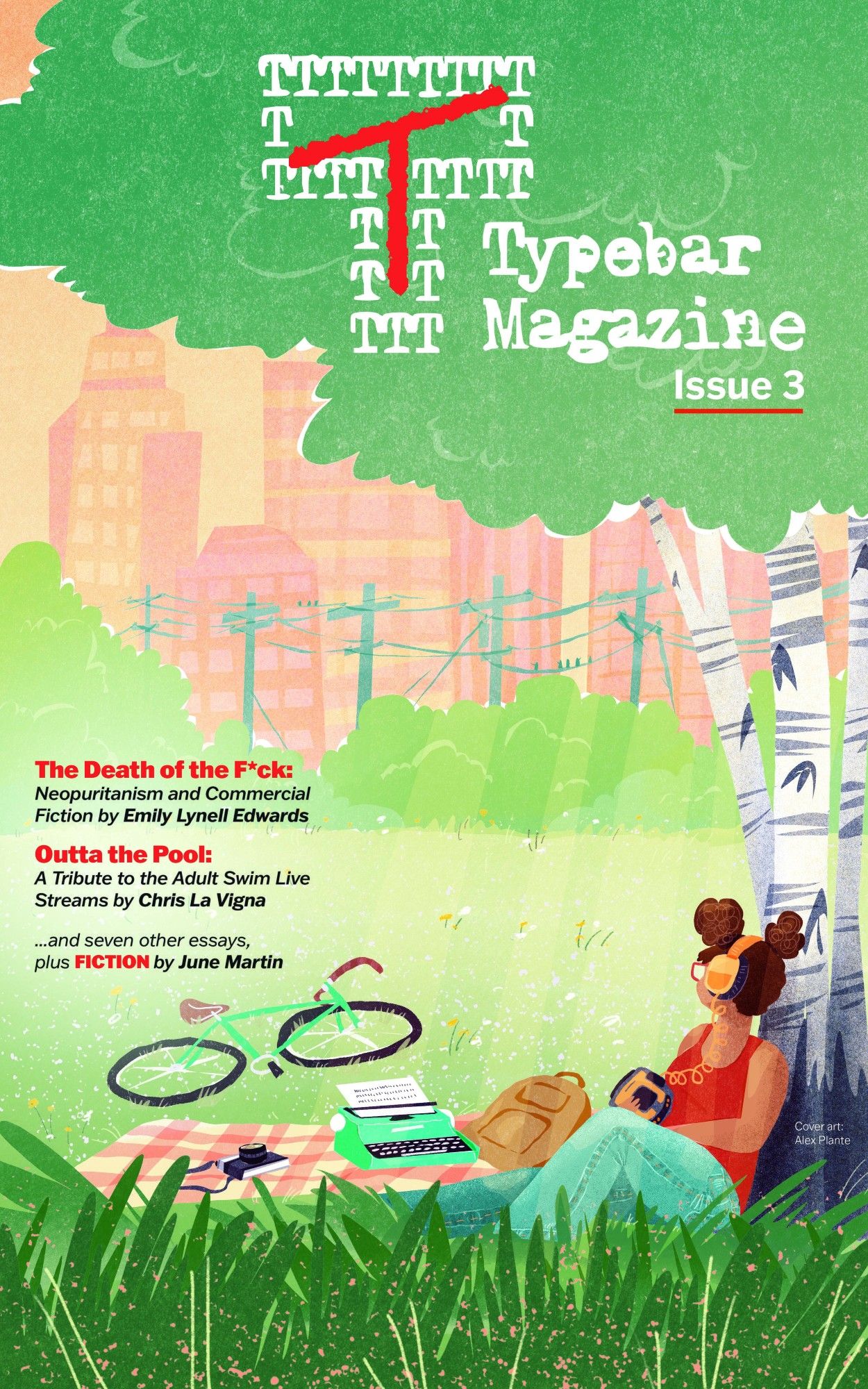 The cover of Typebar Magazine Issue 3. It depicts a woman leaning on a tree in a park. She has various forms of analog media with her.