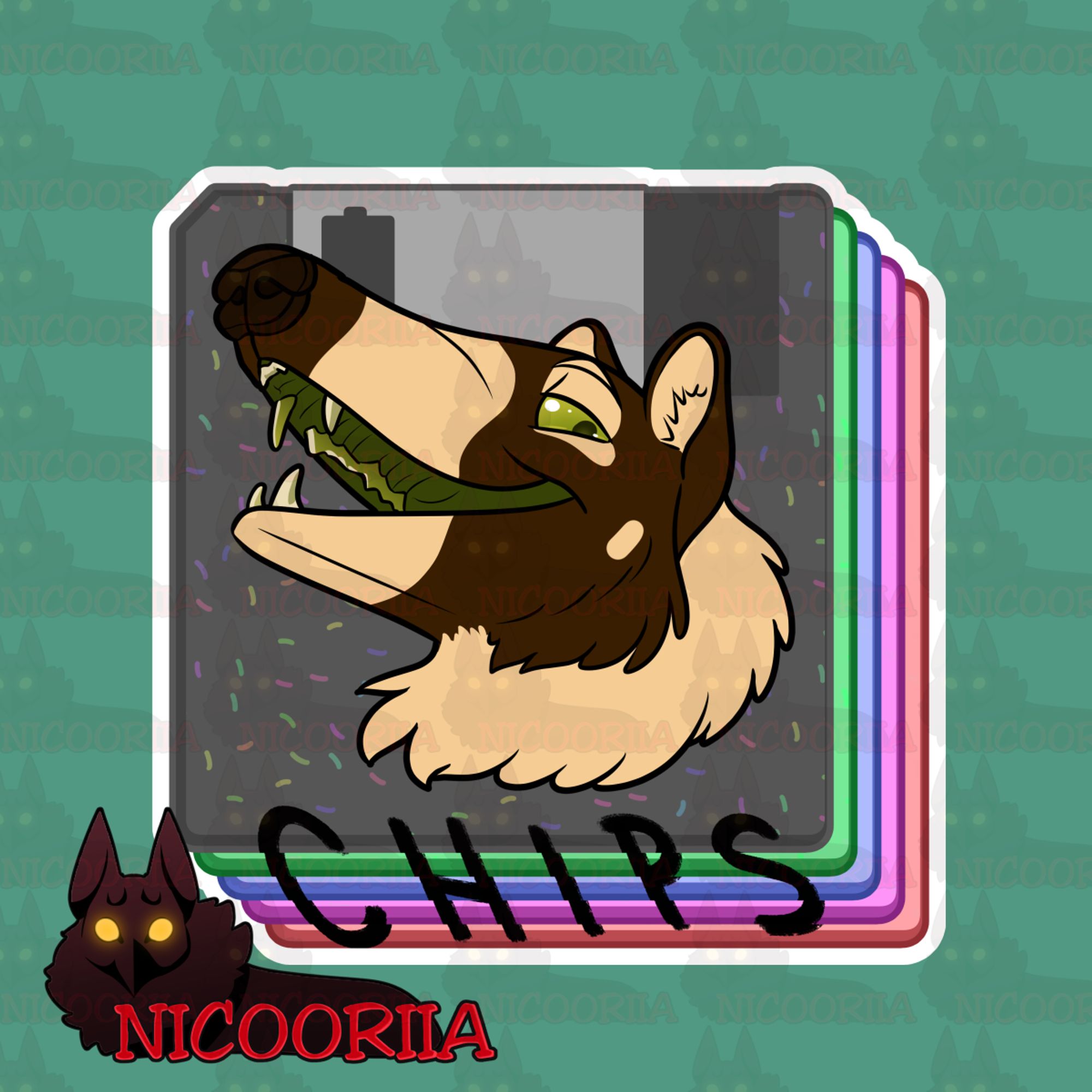 Image with a cartoony coatimundi's face, smiling with sleepy eyes, on a stack of simple, colorful floppy disks with the name Chips written over the stack. Made with the intent of being printed and laminated for a badge for use at furry conventions. made for Deerbite on telegram.