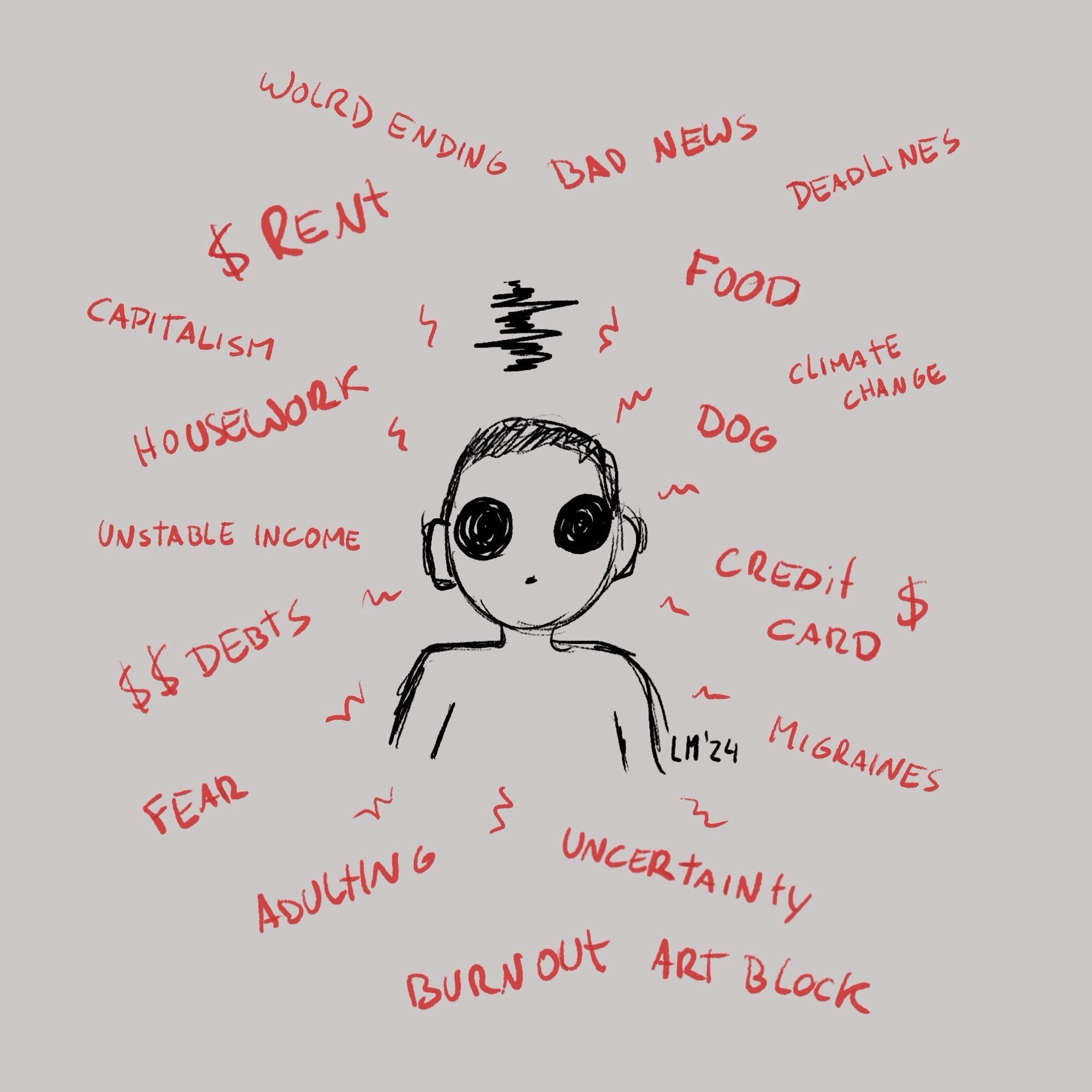 image of the artist in distress with various words around her describing her feelings: “world ending, bad news, deadlines, rent, food, capitalism, climate change, housework, dog, unstable income, credit card, debts, migraines, fear, adulting, uncertainty, burnout, art block”