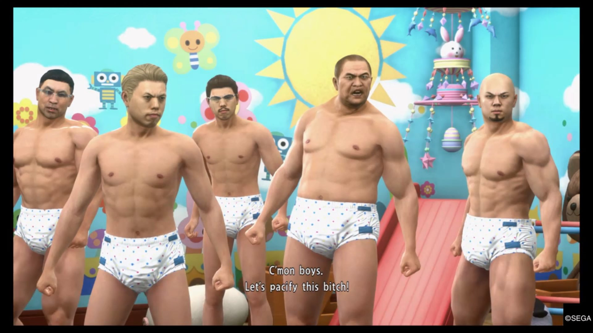 five yakuza in diapers are picking a fight saying they're going to "pacify" the main character