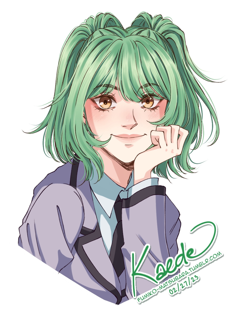 A warm-up portrait of Kayano Kaede, the green-haired girl of the three main characters in Assassination Classroom.