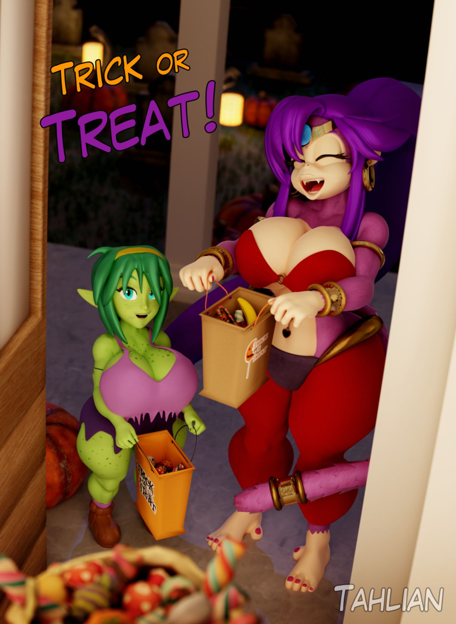 Felicia is dressed up as Rottytops and Kiki as Shantae. Happy Halloween.