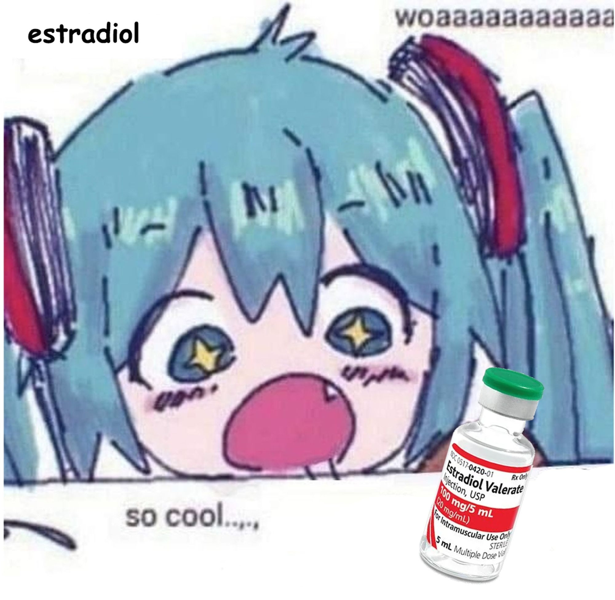 Estradiol woaaaaaaaaa so cool blue hair girl says with stars in her eyes and mouth wide open blushing looking at a bottle of e