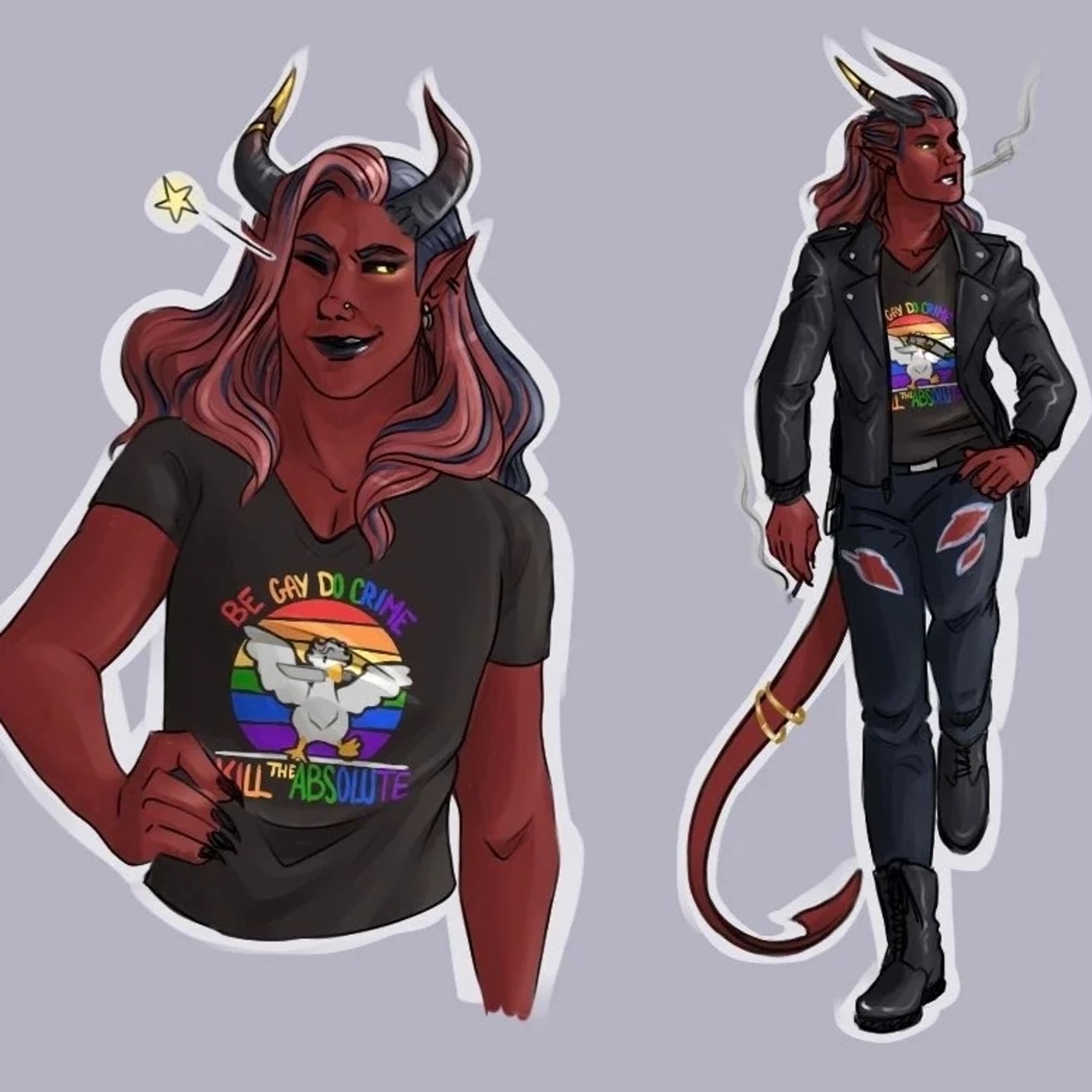 AU of my Tiefling Tav wearing a Goostarion T-shirt with "BE GAY DO CRIME KILL THE ABSOLUTE" written in rainbow letters
#warlock #tieflingwarlock #dndart #dnd5e