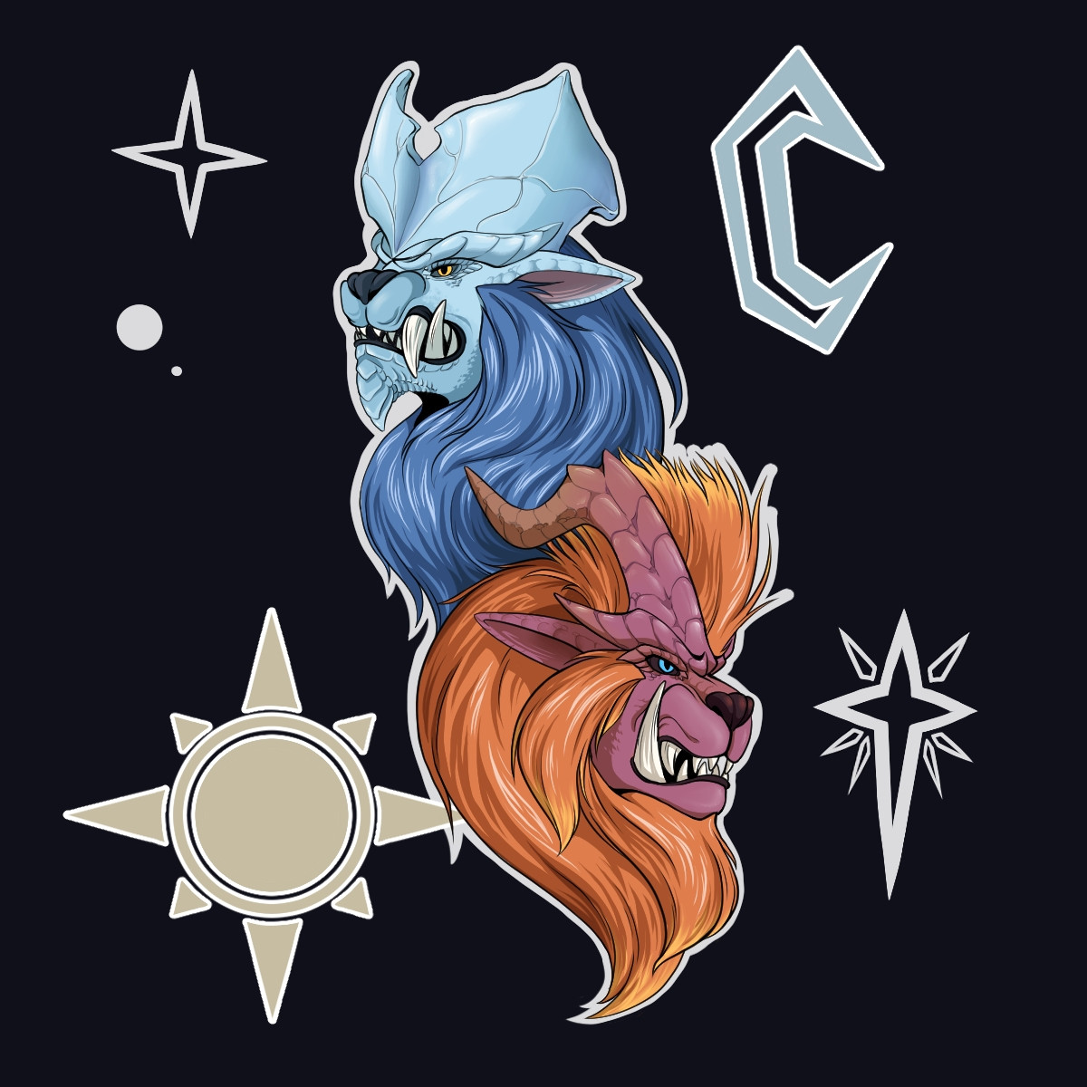 Fanart of Lunastra and Teostra, 2 ancient dragons with lion-like features. The Lunastra is blue and the Teostra is orange / red.