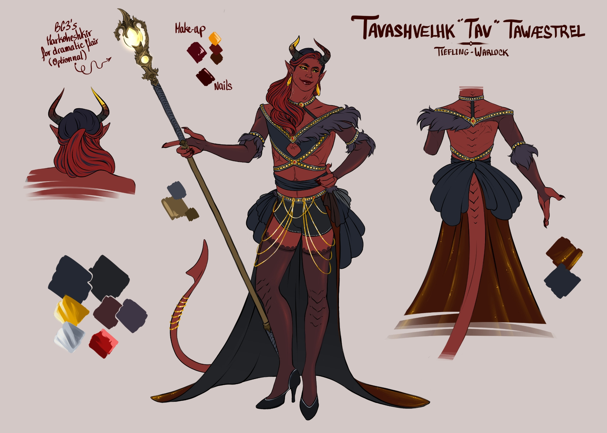 Reference sheet illustration of Tav, a tiefling warlock dressed in a burlesque-inspired outfit with a black, red and gold color scheme. He wears black high heels, dark stockings, an open red and black skirt glittering with gold and a black top lined with silver and gold, with a few red gemstones. He holds a staff in his right hand (Markoheshkir from bg3, a draconic, ornate staff)