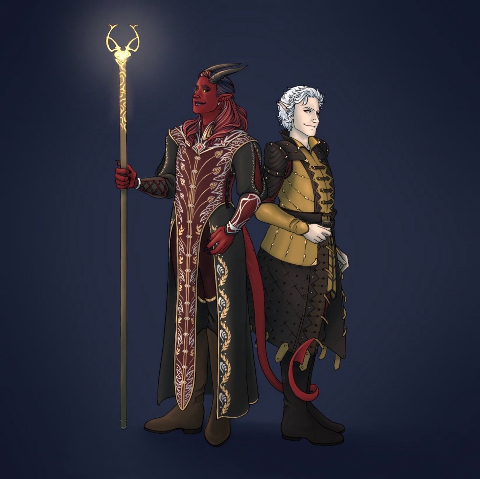 My Tiefling Tav in gorgeous red, black and gold robes with Astarion, Tav's tail sneakily wrapped around Astarion's ankles
#baldursgate3 #bg3 #bg3fanart #astarion