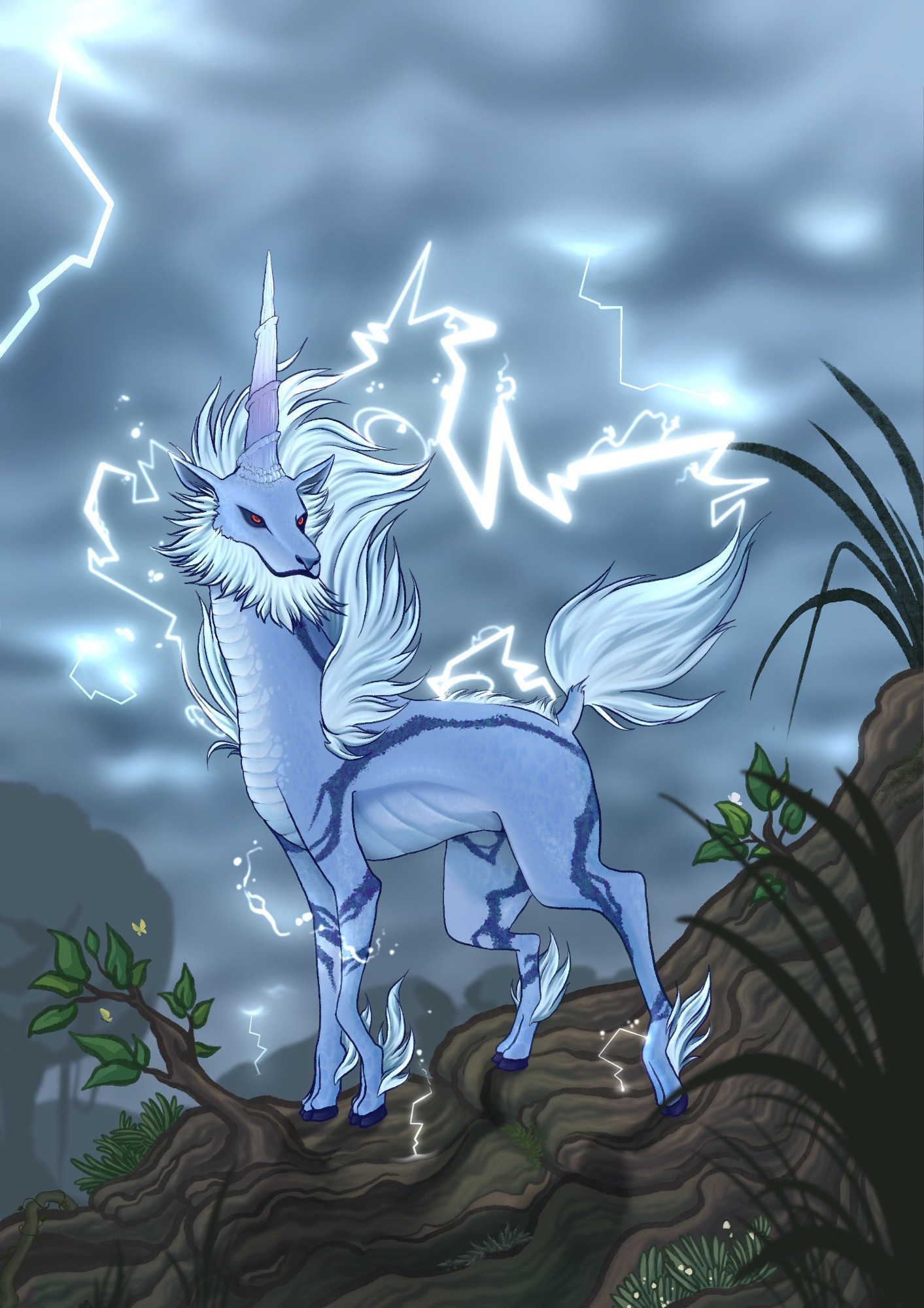 Fanart of a kirin with lightning running across its mane, standing atop a big root or branch, over a cloudy and stormy sky