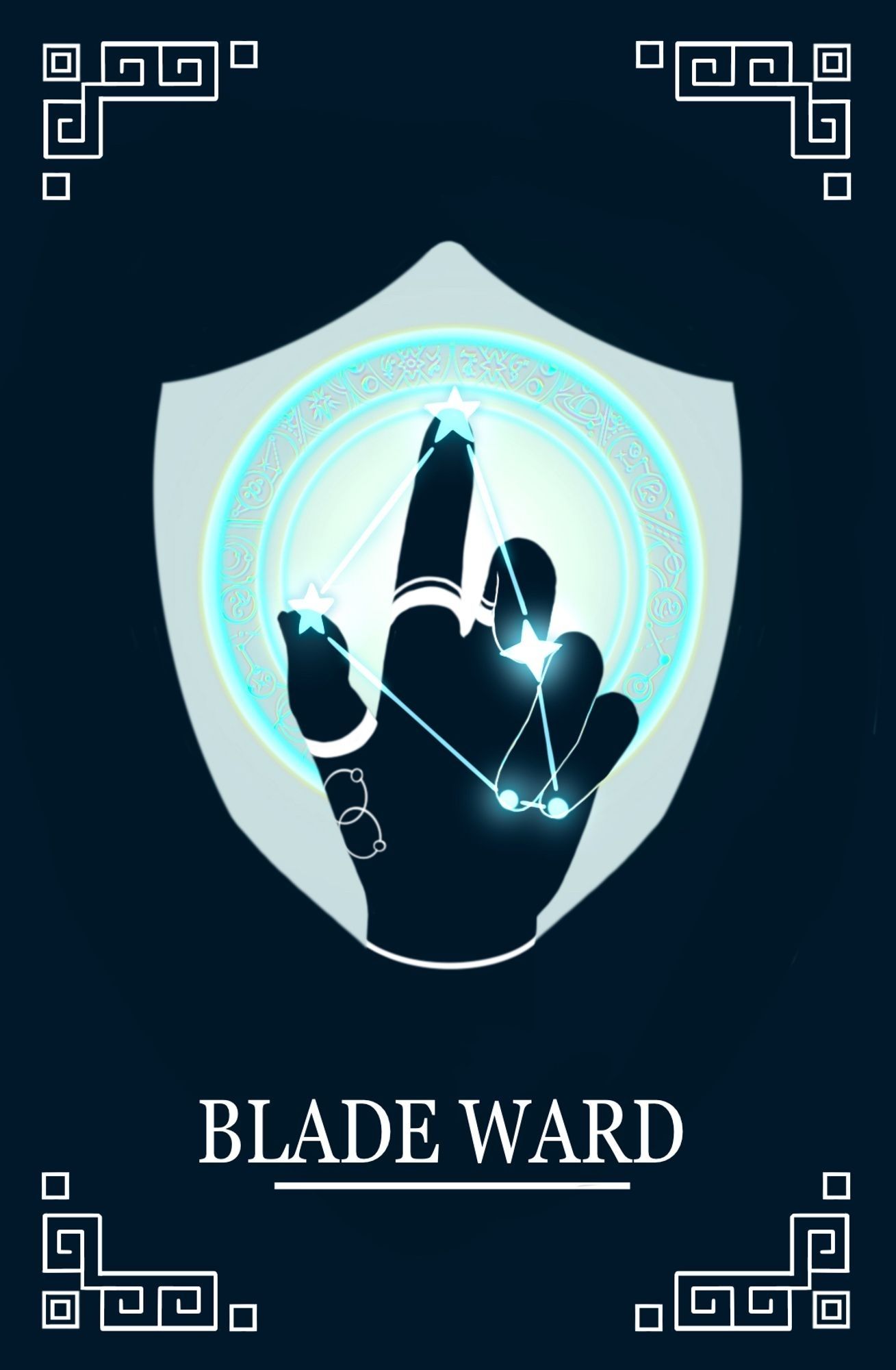 Blade Ward spell card showing a hand with two fingers extended and stars on each finger tip, like a small constellation summoning a protective circle