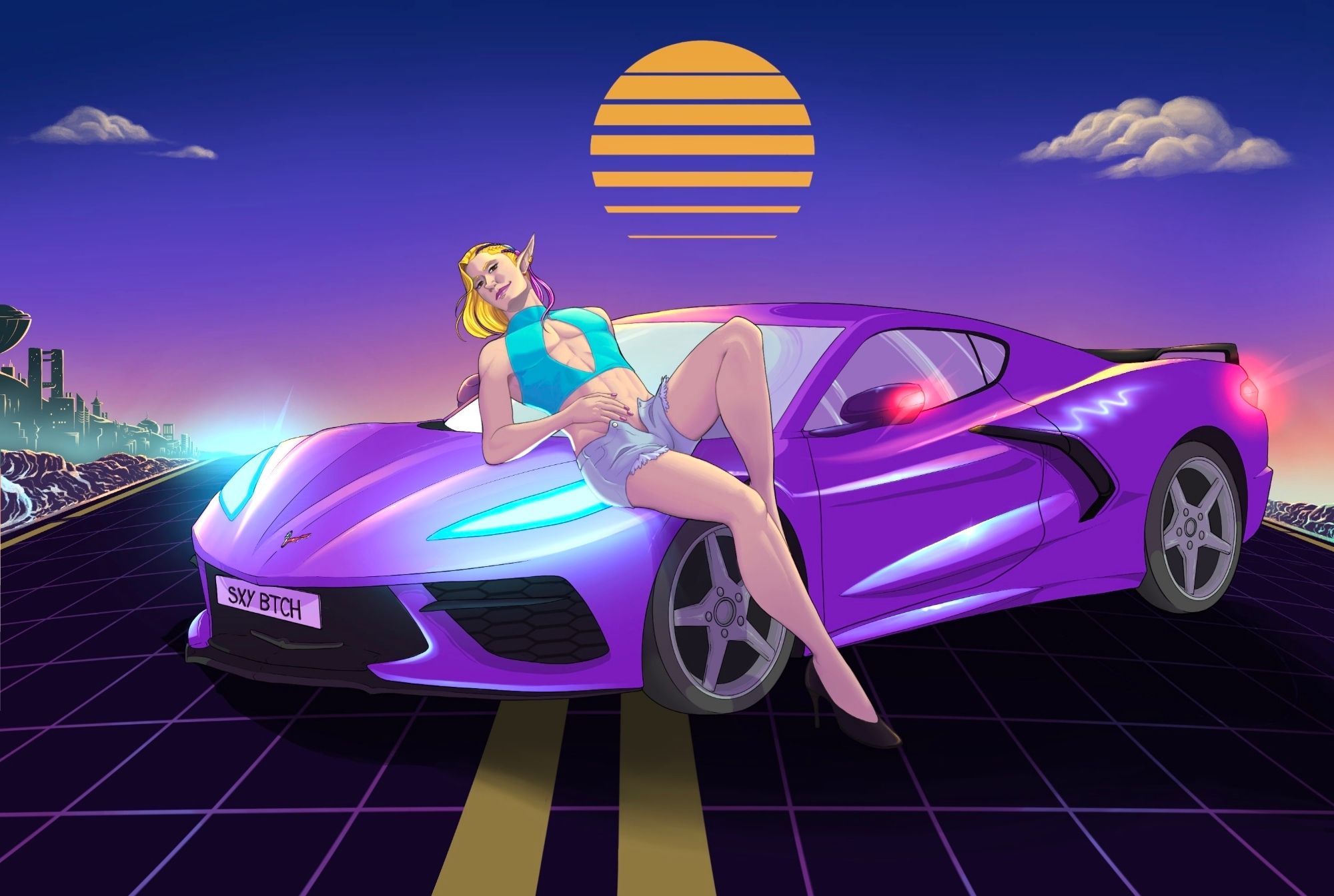 Arell, my fabulous elf wearing a crop top and veeery tiny sorts, leaning back on a purple Corvette. Very neon and synthwavey colors
#synthwave #synthwaveart #ttrpg #ttrpgart