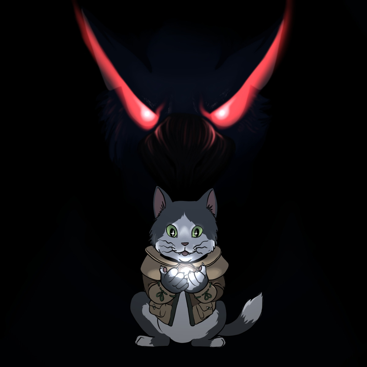 A grey and white Palico over a dark background, holding a shiny glowing onject in his paws. Behind him out of the darkness, the red glowing eyes and silhouette of an angry Nargacuga is lurking