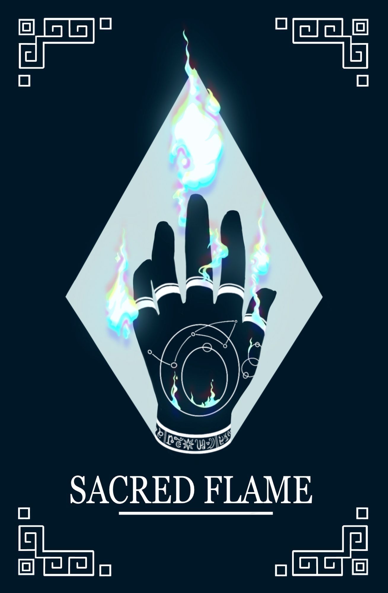 Spell card for the Sacred Flame spell showing a hand with astronomical white markings and iridescent white flames being summoned from the markings