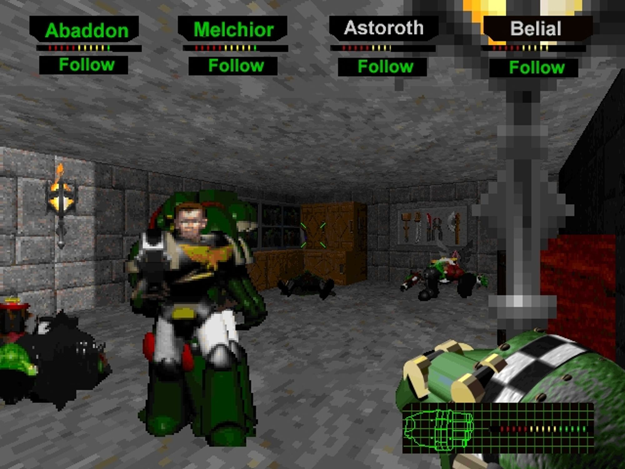 Warhammer 40,000 Dark Crusaders (un-released) - In game, a squad member faces the player while a Gretchin is in the background