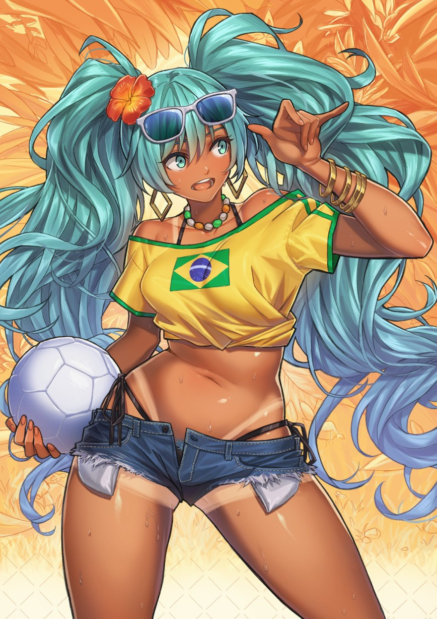  Half body of Brazilian Miku doing a Shaka hand sign and holding a soccef ball. She's sweating, she's got tanlines, midriff, highleg panties, and blue pubes are peaking out.
 Orange monochrome background with vegetation. 