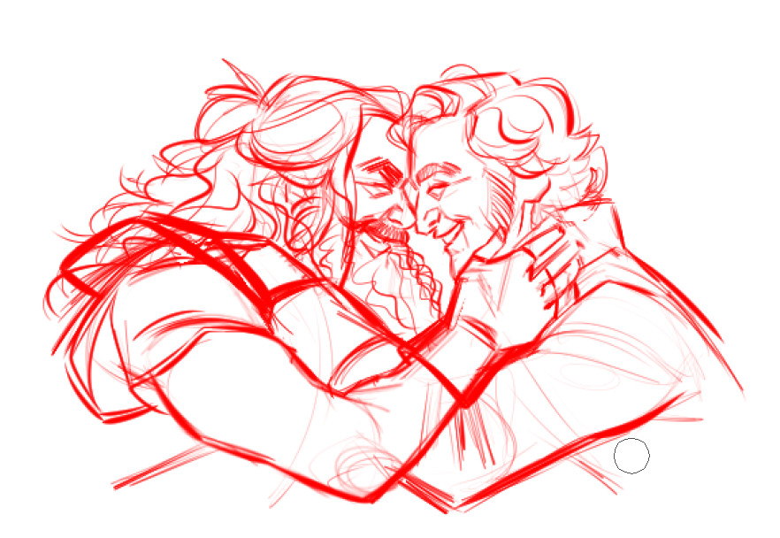 Rough sketch of Ed and Stede from Our Flag Means Death. They're smiling and leaning into each other's foreheads. Their hands are up around each other's faces.