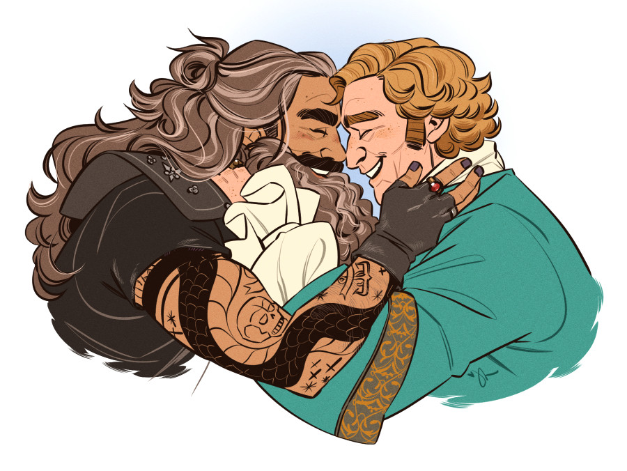 Drawing of Ed and Stede from Our Flag Means Death. They're smiling and leaning into each other's foreheads. Their hands are up around each other's faces.