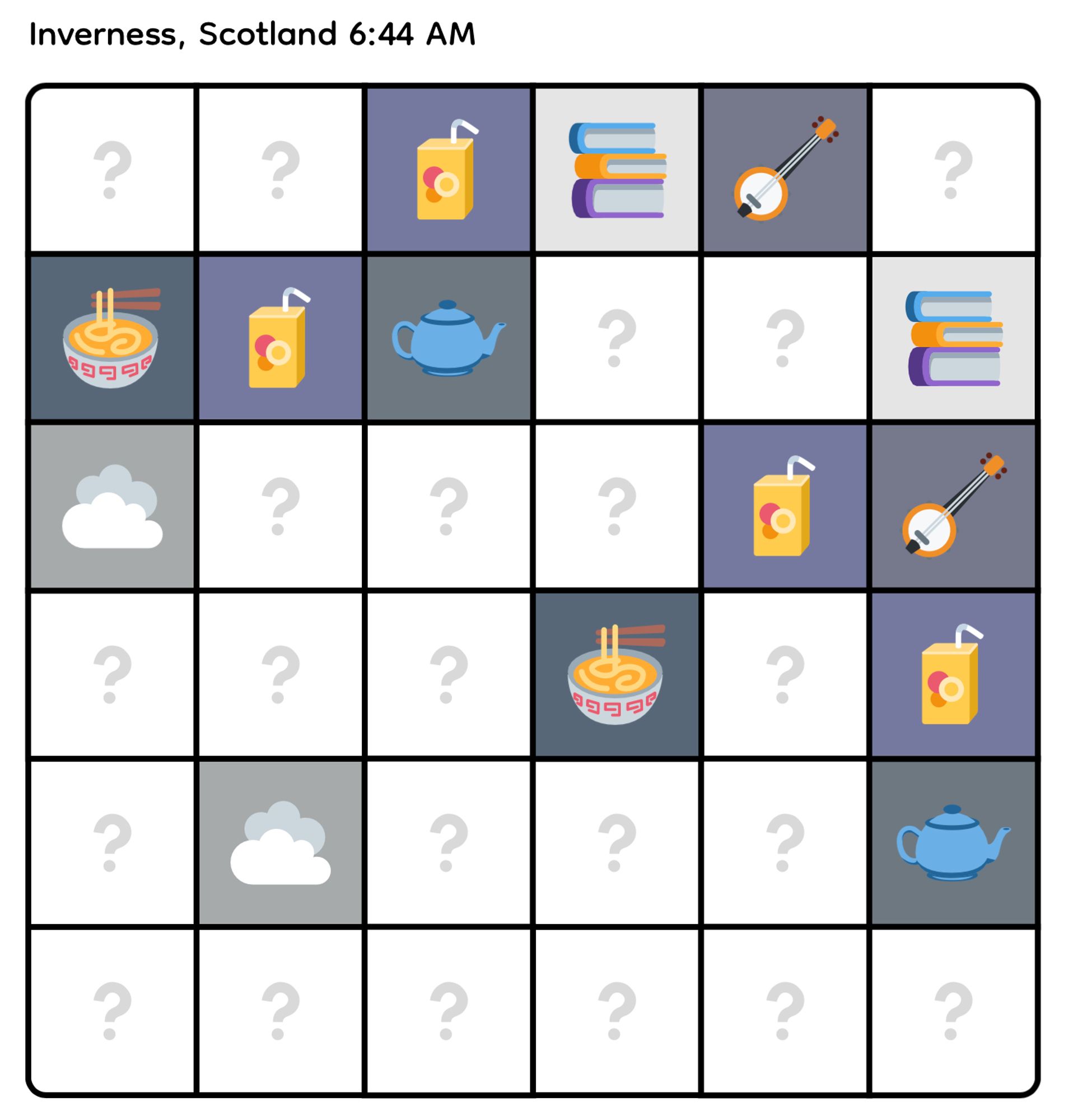 A grid with different icons on it. A juicebox, books, a banjo, a cloud, some ramen, and a bunch of questionmarks.