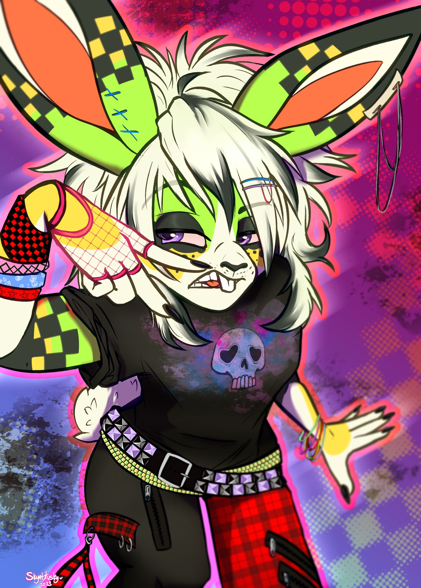 A green and yellow rabbit doing a peace sign over her face on a colorful background. She is wearing scene attire 