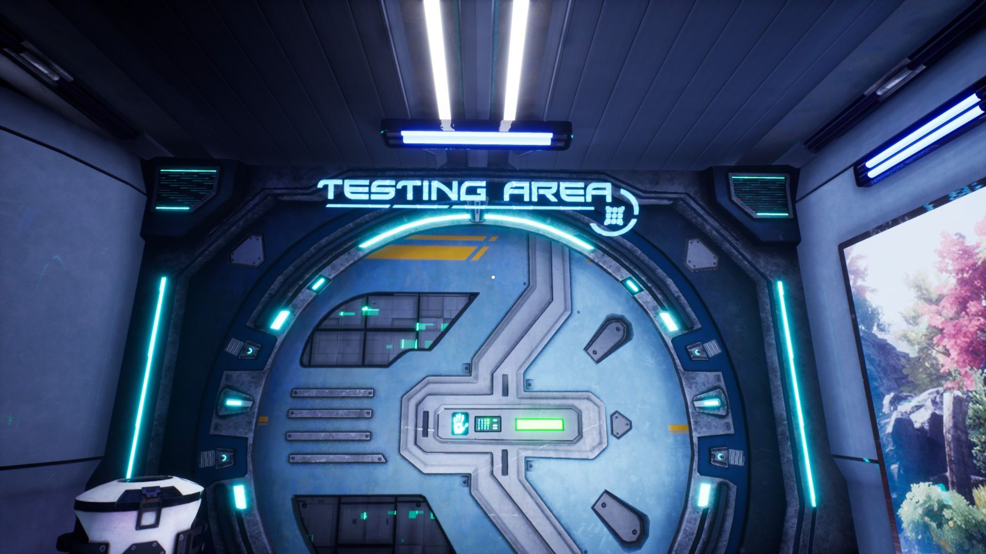 Screenshot from a video game of a large circular scifi door saying "Testing Area".