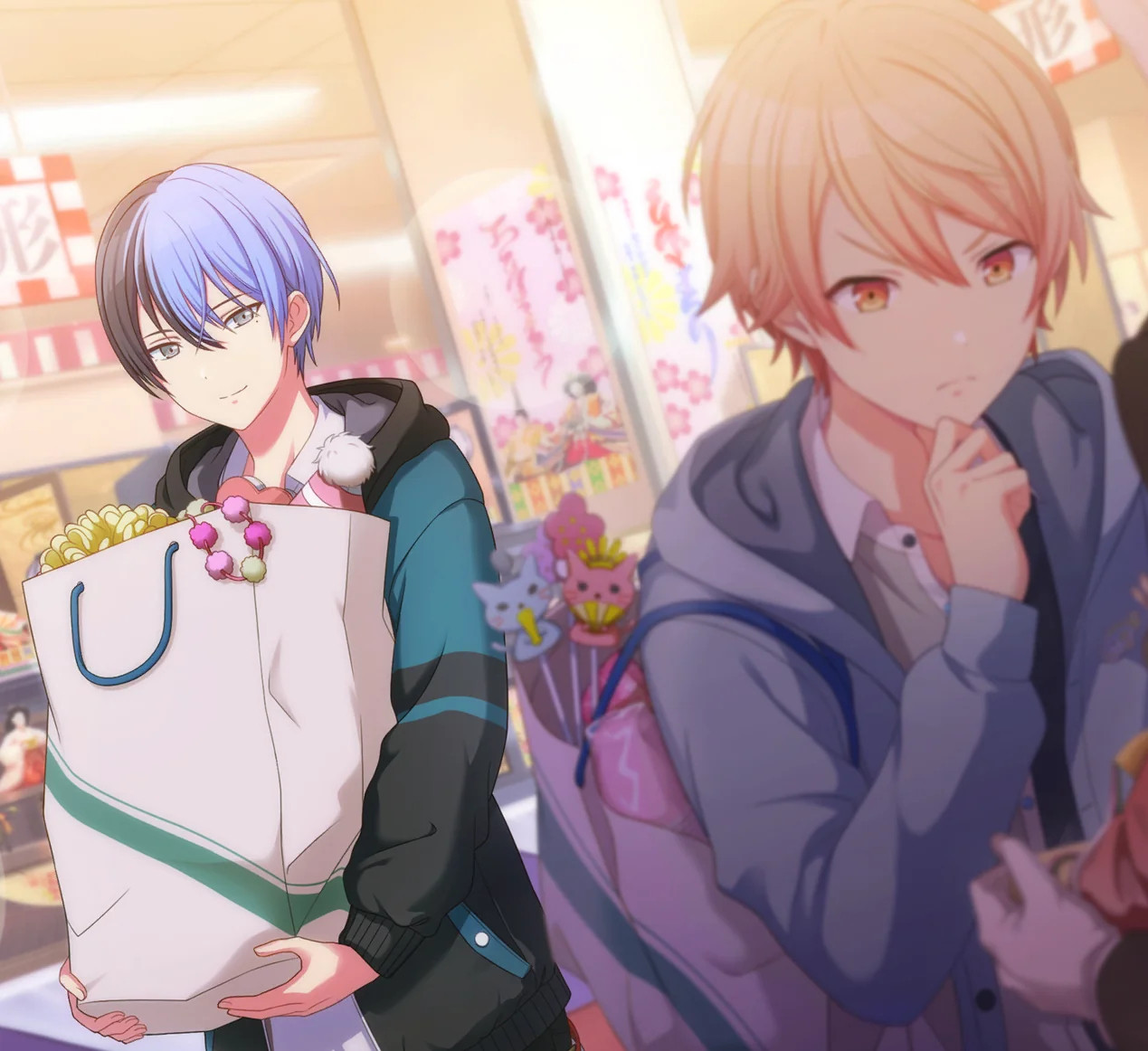 Toya Aoyagi and Tsukasa Tenma shopping for the Doll Festival together. Toya watches Tsukasa fondly.