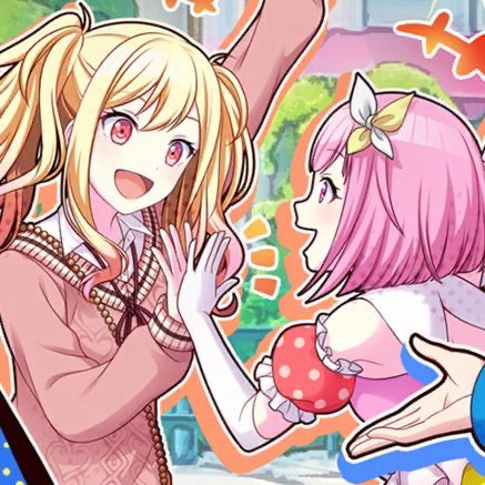 Saki Tenma and Emu Ootori in a cameo card appearance. They are high-fiving and smiling