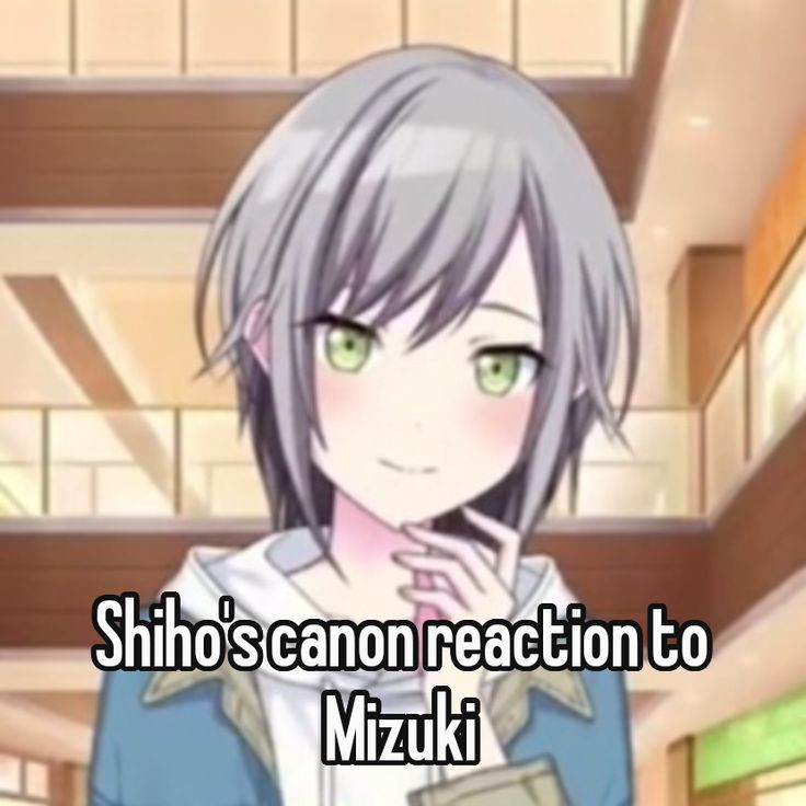 A screenshot of Shiho Hinomori blushing. In the meme impact font below it, text says "Shiho's canon reaction to Mizuki"