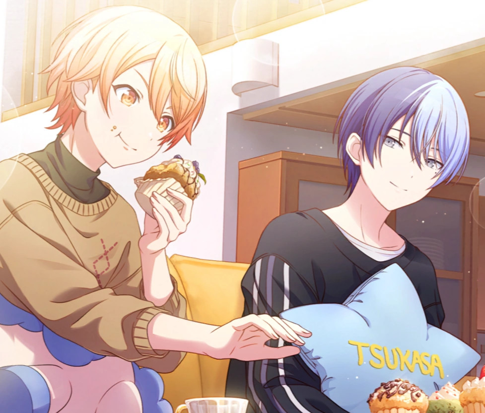 Toya Aoygai looking at Tsukasa Tenma fondly while the later eats a muffin.