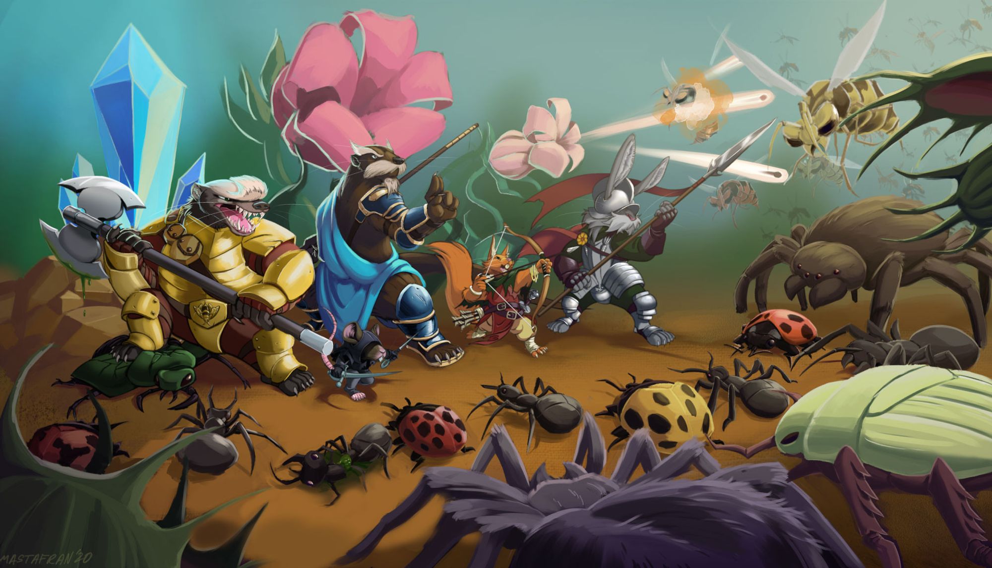 Promotional Illustration of the real time strategy video game titled, "Furs of Fury" Depicted, five animal warriors, a badger in bee themed yellow armor, a black hooded rat rogue, a blue robed otter monk, a red squirrel archer in a redder jerkin, and an armored hare wielding a spear. These animals are the last stand to protect their blue power crystal from an oncoming horde of ants, ladybugs, spiders, beetles, and wasps.