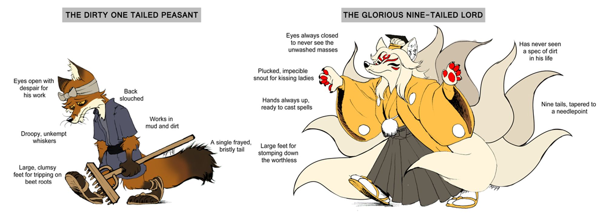 A illustration that is a parody of the "Virgin Vs Chad" meme featuring anthropomorphic foxes.
On the Left: A sad and dejected One Tailed Fox Farmer wearing a simple grey kimono and carrying a wooden rake. In-Image Captions included: "Eyes open with despair for his work, Back slouched, works in mud and dirt, a single frayed bristly tail, large clumsy feed for tripping on beet roots, and droopy unkempt whiskers."
One the Right: A pompous haughty Kitsune Lord wearing a large yellow kimono and haori and a smooth grey hakama. In-Image Captions included: "Eyes always closed to never see the unwashed masses, has never seen a spec of dirt in his life, nine tails, tapered to a  needlepoint, large feet for stomping down the worthless, hands always up ready to cast spells, plucked impeccable snout for kissing ladies."