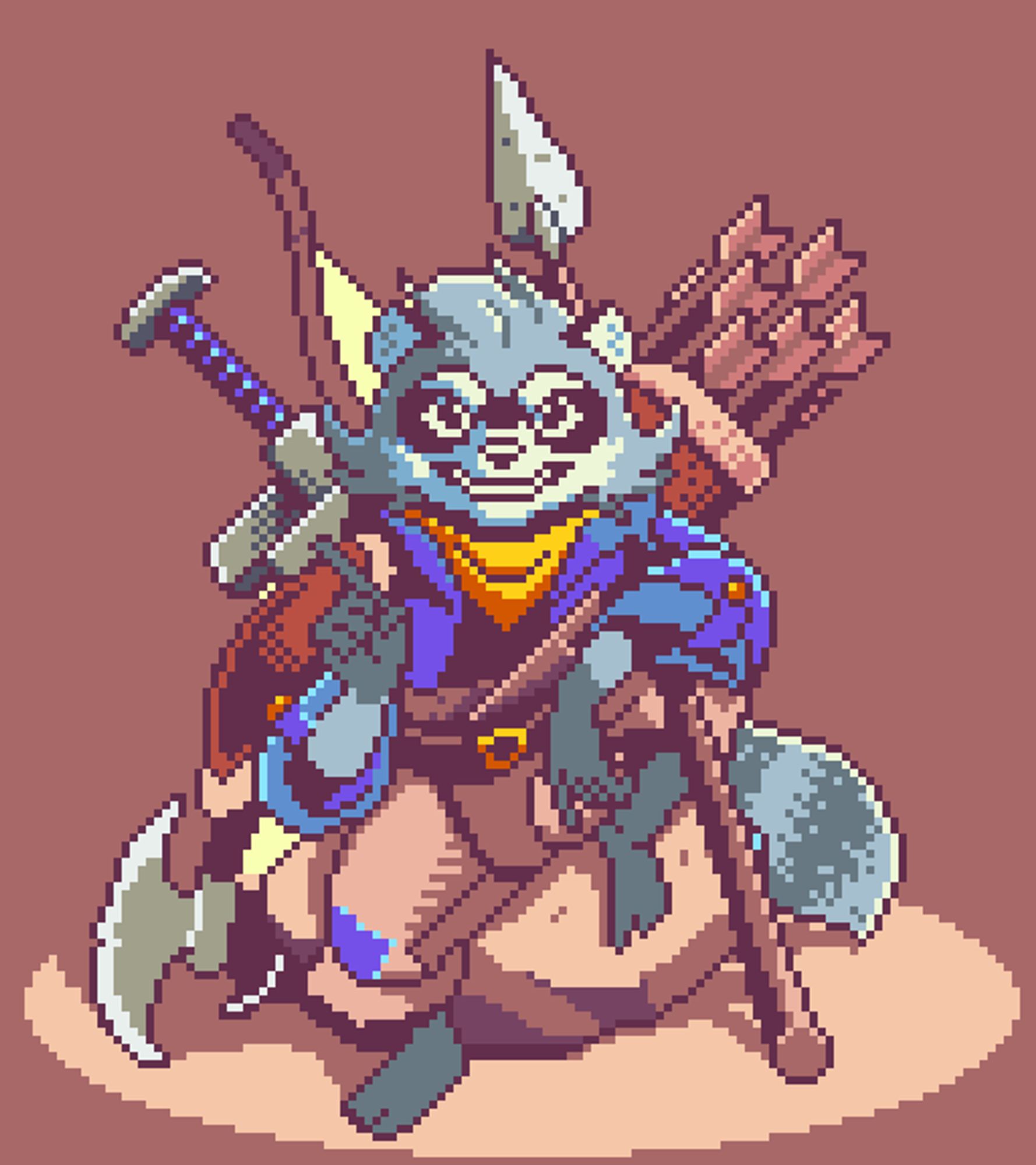 A transparent pixel art illustration of Cole Blackmask, an anthropomorphic raccoon wearing a blue coat sitting on a rock, carrying a variety of large weaponry on his person to sell as a weapon merchant.