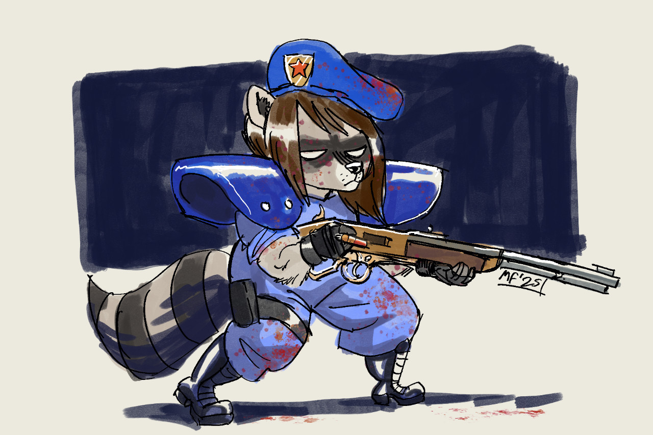 Digital illustration of an anthropomorphic female raccoon with blood kn her fur wearing a bright blue beret, shoulder pads and flak jacket. She wields a large lever action shotgun which also has blood on it.