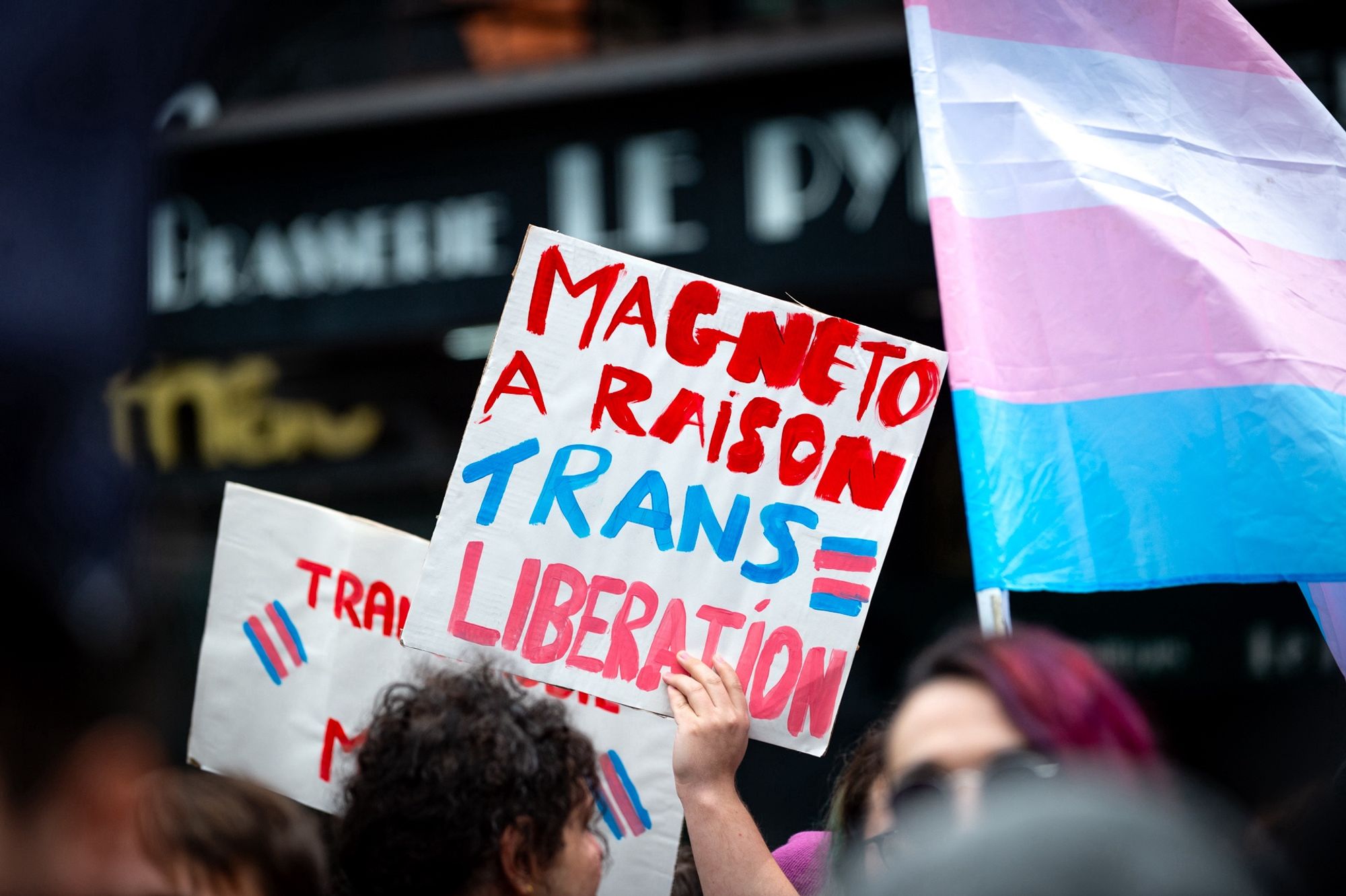 Une pancarte à la manif contre l’offensive transphobe « magneto a raison, trans = libération