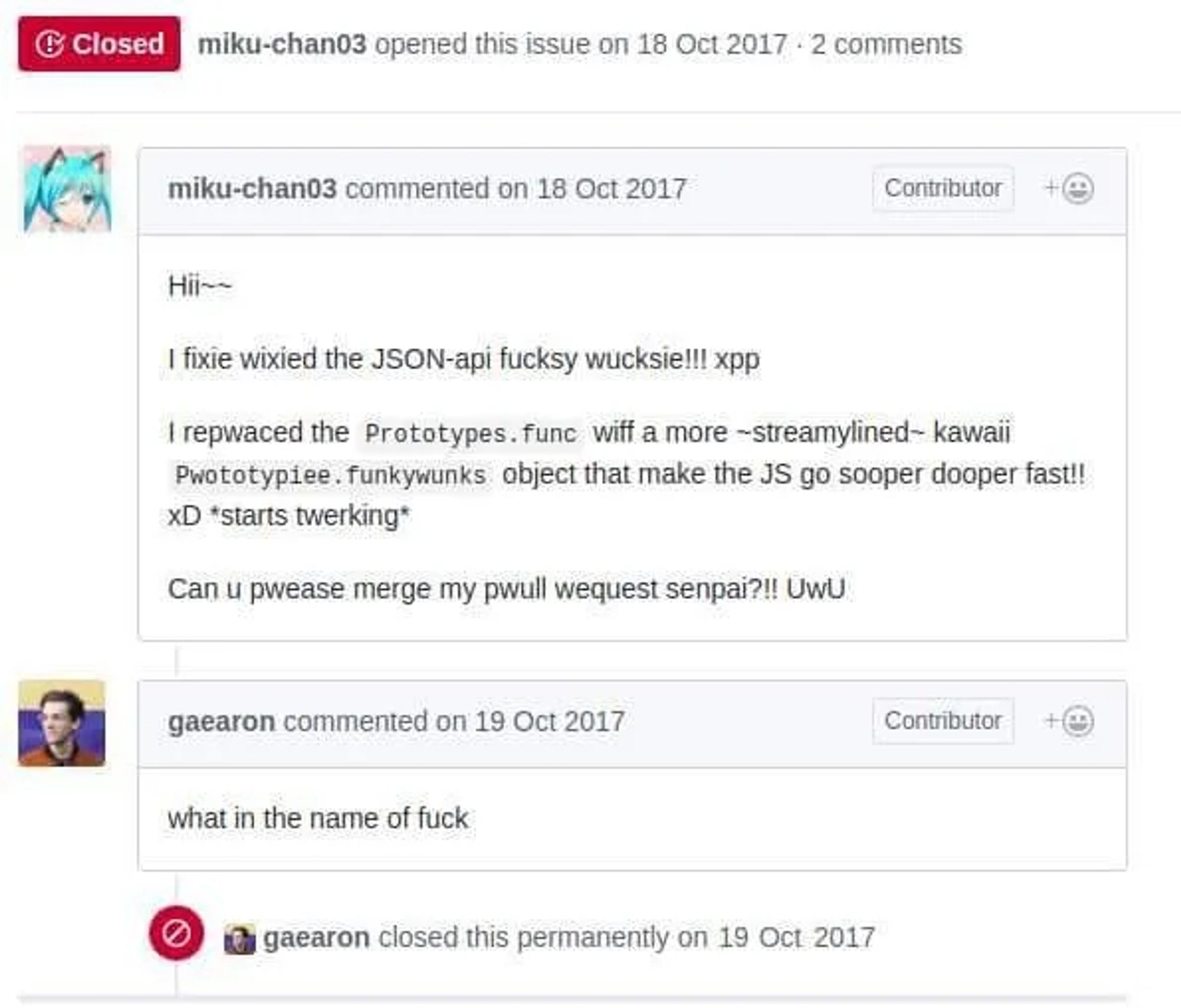 Usuário miku-chan03 comenta de forma brincalhona, dizendo que consertou a API JSON com uma abordagem 'kawaii' e solicita que seu 'pull request' seja aceito. Usuário gaearon responde, perplexo, com a frase: 'what in the name of fuck.'