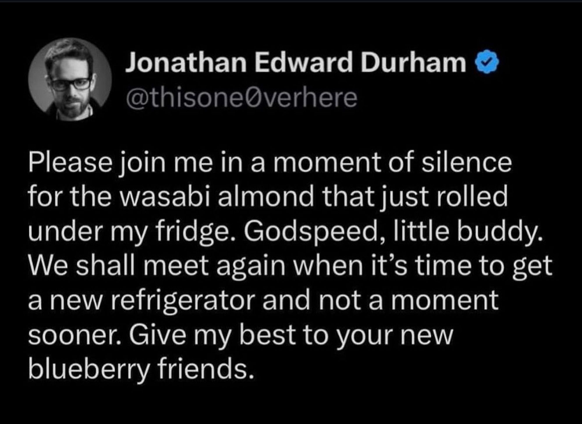 From the site formerly known as Twitter:


Jonathan Edward Durham @thisone0verhere
Please join me in a moment of silence for the wasabi almond that just rolled under my fridge. Godspeed, little buddy.
We shall meet again when it's time to get a new refrigerator and not a moment sooner. Give my best to your new blueberry friends.